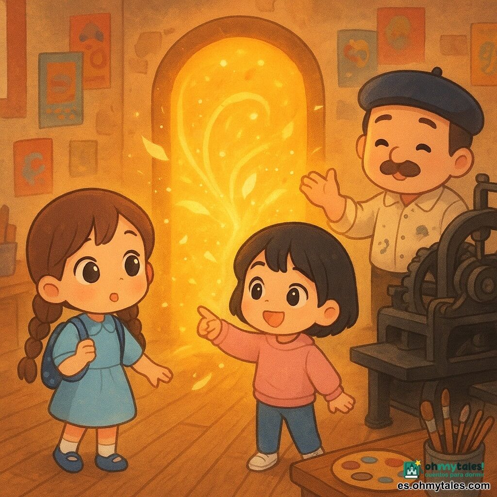 Hay 3 personajes: Sofía, niña de 8 años, cabello castaño en dos trenzas, vestido azul claro y pequeña mochila azul con estrellas, a la izquierda sosteniendo la mano de Ana y mirando la puerta dorada; Ana, niña de 8 años, pelo negro corto, sudadera rosa pálido y zapatillas blancas, sonriente y señalando la puerta luminosa a la derecha de Sofía; Don Emiliano, hombre de unos 50 años, bajo, con bigote redondeado, boina oscura y camisa remangada manchada de tinta, detrás de las niñas junto a una gran prensa de imprenta saludándolas con la mano. Lugar: taller antiguo y acogedor con suelo de madera, paredes cubiertas de carteles retro, mesa con pinceles y paletas, gran prensa metálica negra con engranajes y al fondo una pequeña puerta de sótano abierta por la que surge un remolino de luz dorada y papeles danzantes. Situación: las niñas acaban de abrir la puerta del sótano y descubren el remolino luminoso que conduce al viejo taller; atmósfera mágica y segura, colores cálidos (ocres, rojos, azul cielo), chispas y fragmentos de papel flotando, expresiones de asombro y gestos de descubrimiento.