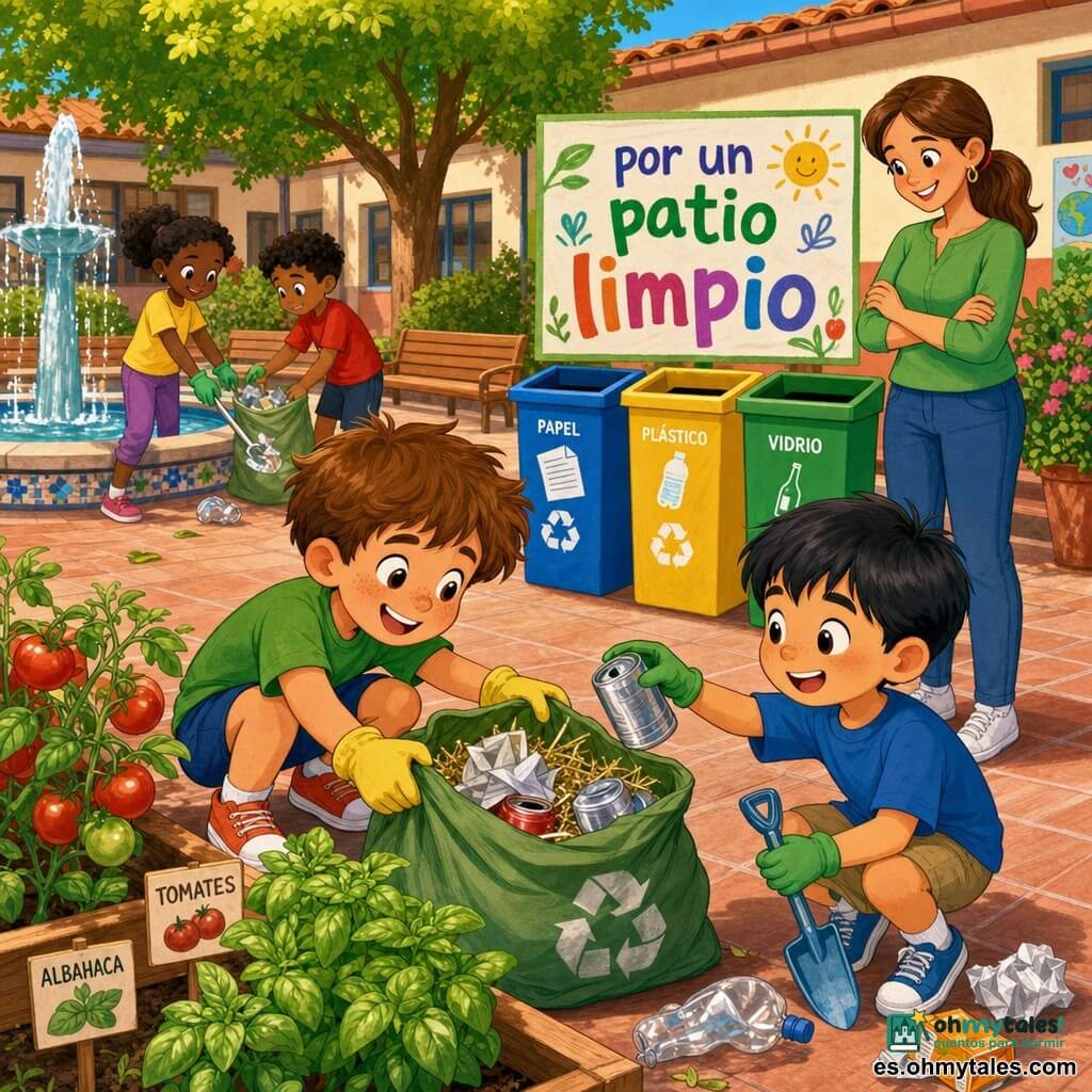 Un niño de 6 años de rostro redondo con pecas y pelo castaño despeinado, sonriente y decidido, agachado recogiendo un envase junto a un parterre de tomates mientras sostiene una gran bolsa verde de tela llena de papeles y una pajita brillante; a su derecha, Lucas, un niño de 6 años de pelo negro corto y expresión curiosa, sostiene una palita de plástico y ayuda a meter latas en la bolsa; cerca, la maestra de unos 30 años con cabello castaño recogido en coleta y sonrisa amable, brazos cruzados, señala unos contenedores de reciclaje detrás de ella junto a un cartel “por un patio limpio”; todo ocurre en un patio escolar soleado con losas, un pequeño huerto de tomates y albahaca, una fuente, bancos y contenedores de colores, en una escena pedagógica y optimista, con colores vivos, trazos suaves y texturas tipo crayón.