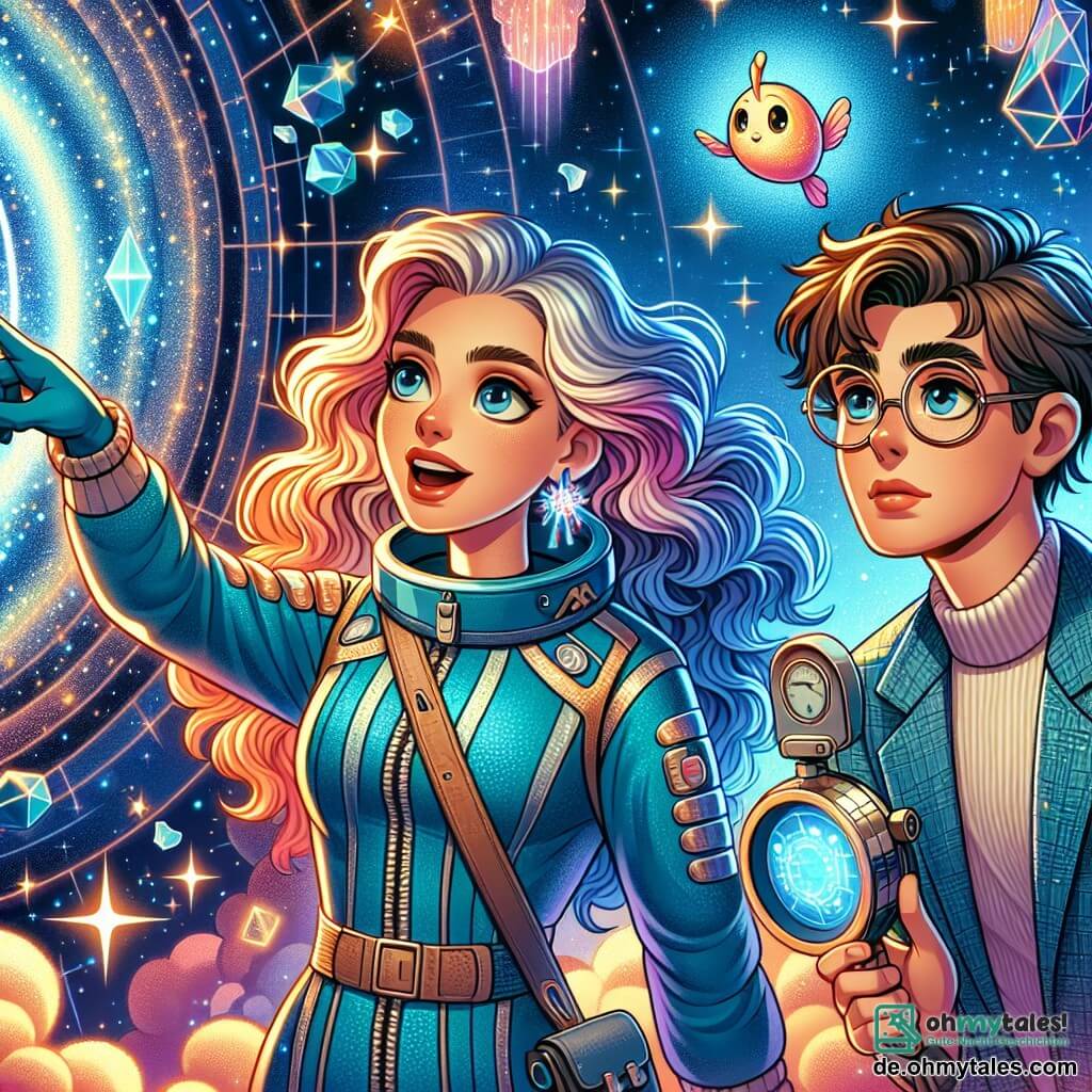 Im Vordergrund steht eine Frau namens Dr. Lila Stern, etwa dreißig Jahre alt, mit langen, lockigen Haaren in Regenbogenfarben, die große Neugier und Staunen ausdrückt. Sie trägt einen eleganten, futuristischen blauen Raumanzug mit funkelnden Details und zeigt mit dem Finger auf ein geheimnisvolles Licht am Himmel. Neben ihr beobachtet ein etwa 28-jähriger Junge namens Max mit braunen Haaren und runden Brillen aufmerksam durch ein Messgerät und hat einen konzentrierten Gesichtsausdruck. Im Hintergrund spielt die Szene in einer fantastischen Dimension, gefüllt mit leuchtenden Farben und schwebenden, fischähnlichen Kreaturen, die in sanftem, lebendigem Licht baden. Geometrische Formen schweben in der Luft und schaffen eine magische, faszinierende Atmosphäre. Die Hauptsituation zeigt Dr. Lila und Max, die ein strahlendes Portal entdecken, das sich zu einer unglaublichen Welt öffnet, während funkelnde Sterne und bunte Nebel den Himmel erleuchten und dieser Weltraumabenteuer einen Hauch von Staunen verleihen.