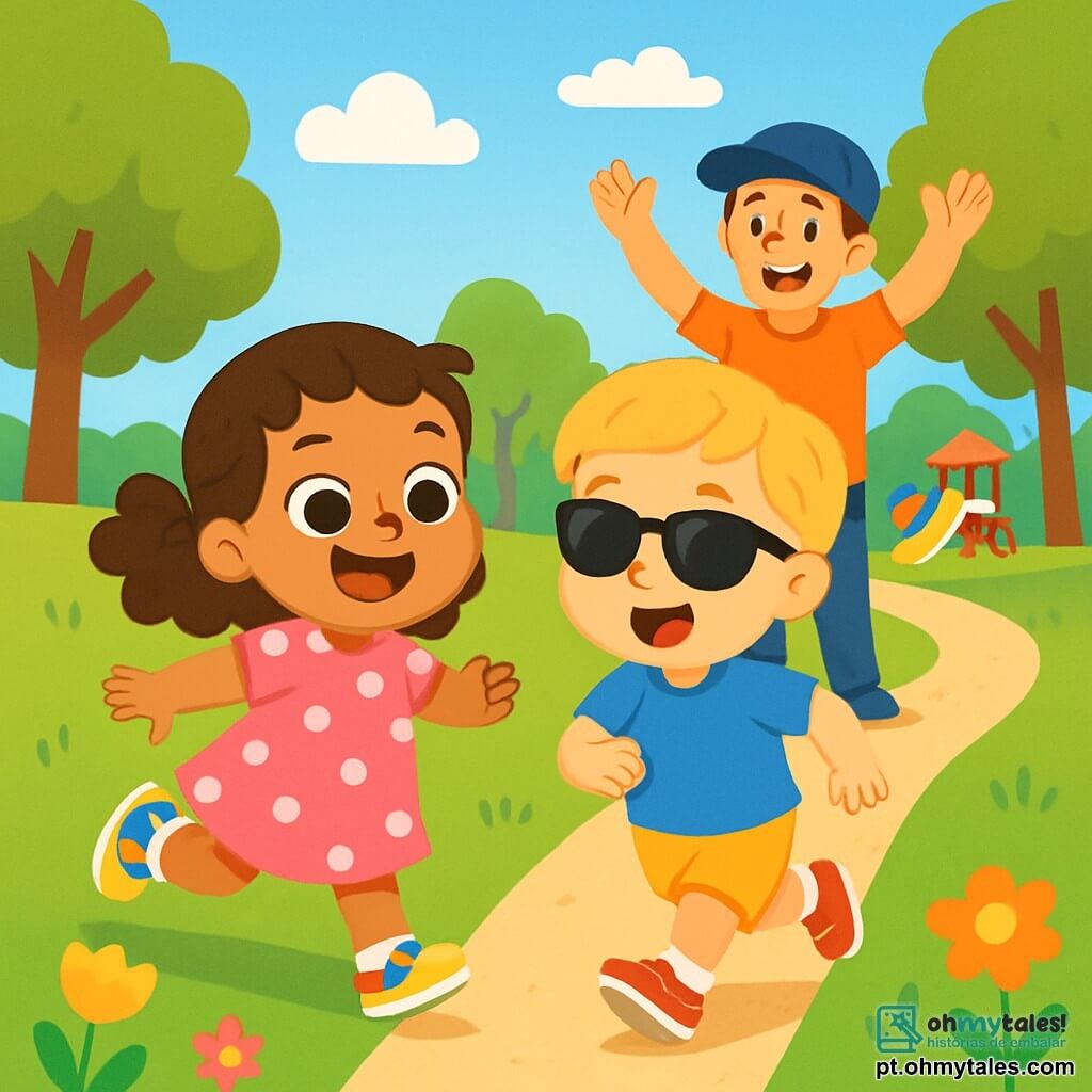 Uma menina de 2 anos, com grandes olhos brilhantes e um sorriso radiante, corre alegremente em um parque verdejante. Ela usa um vestido rosa com bolinhas brancas e tênis coloridos, com os cabelos cacheados esvoaçando atrás dela. Ao lado, um menino de 3 anos, com cabelos loiros e óculos de sol, ri enquanto corre, vestido com uma camiseta azul e shorts amarelos. Um treinador sorridente, de cerca de 30 anos, com cabelos castanhos e um boné, os incentiva levantando os braços, em um pequeno caminho de cascalho. O parque está cheio de árvores frondosas, flores coloridas e um céu azul radiante, com nuvens brancas fofas. Ao longe, crianças brincam em um parquinho. A cena principal mostra a menina e seus amigos correndo juntos, seus rostos radiantes de alegria, enquanto se divertem em uma corrida amistosa sob o sol brilhante.