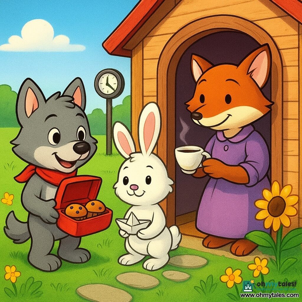 Little Wolf, a small gray wolf with round gentle eyes, smiling and proud, wears a red scarf and holds an open red lunchbox with fruit muffins while standing before a wooden cottage door; beside him Bunny, a white fluffy rabbit with large pink ears, looks happy holding a paper boat; Grandma Fox, a warm red fox, appears in the doorway with a steaming cup of tea; in front of the house a green meadow with yellow flowers and a sunflower, a stone path, a blue mailbox and a distant village clock showing ten o'clock; bright, colorful scene with soft shapes, visible fur textures, light shadows and a feeling of gentle adventure and a punctual meeting.