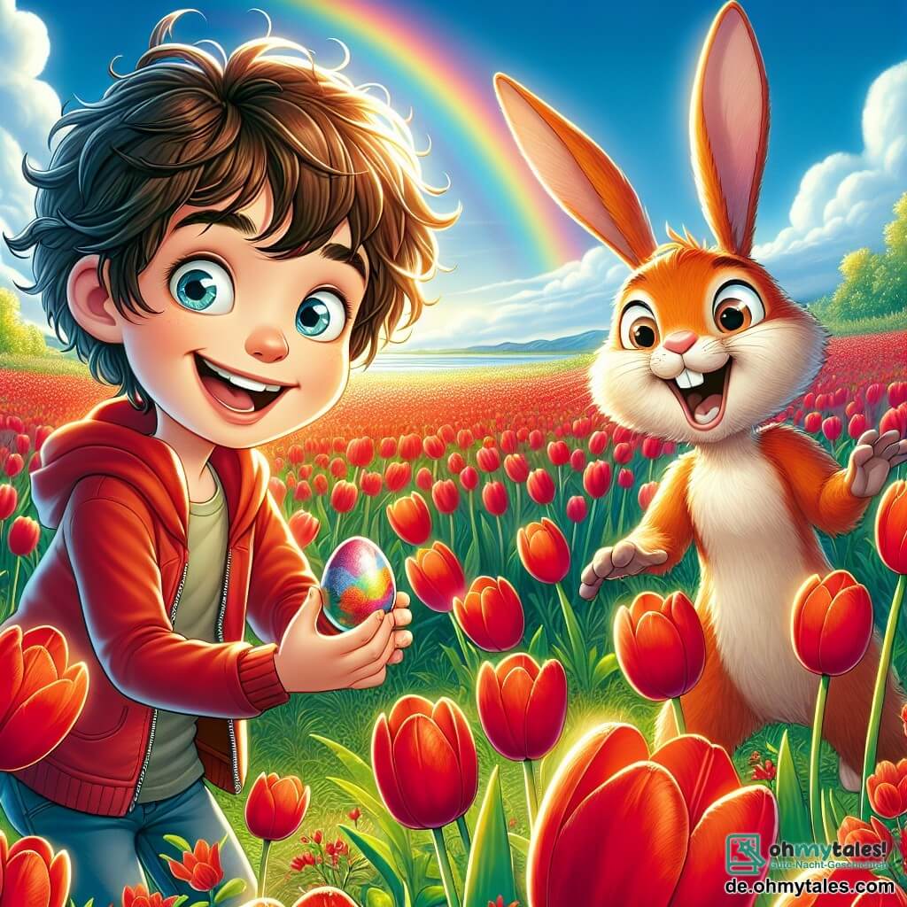 Ein 8-jähriger Junge, Max, mit lockigem braunem Haar und strahlend blauen Augen steht inmitten eines Feldes mit roten Tulpen, ein großes Lächeln auf seinem Gesicht. Er hält ein geheimnisvolles Osterei in seinen Händen, seine Augen leuchten vor Neugier und Aufregung. Neben ihm springt ein kleiner Hase namens Hoppel mit leuchtend orangefarbenem Fell und großen Ohren fröhlich im Gras herum. Hoppel hat einen schelmischen Ausdruck, als würde er ein Geheimnis lüften, und er steht direkt neben Max, der ihn ermutigt, zu erkunden. Der Ort ist ein sonniges Feld, gefüllt mit strahlend roten Tulpen, die sanft im Frühlingswind tanzen. Im Hintergrund erstreckt sich ein bunter Regenbogen am blauen Himmel und verleiht der Szene einen Hauch von Magie. Die Hauptsituation zeigt Max und Hoppel, die gemeinsam das Geheimnis des Ostereis entdecken, umgeben von der Schönheit der Blumen und dem Versprechen eines fröhlichen Abenteuers.