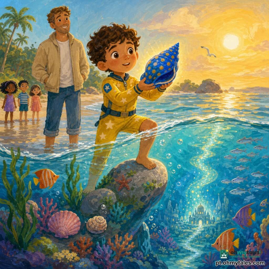 Um menino de 6 anos, encantado e corajoso, cabelos castanhos encaracolados, segura uma grande concha azul royal com pontos dourados que emite um brilho suave; veste um traje de mergulho amarelo com estrelas e está à beira da água, um pé numa pedra lisa e o outro numa onda transparente. Atrás dele, o pai de cerca de 35 anos, sorridente e seguro, com cabelo castanho claro e jaqueta bege, de mãos nos bolsos, observa a concha. Peixes coloridos e cardumes prateados nadam numa janela subaquática formando um trilho luminoso rumo ao fundo; uma pedra plana cinza-perolada com algas e conchas margeia a cena. A água rasa é cristalina como vidro, com reflexos dourados do sol, bolhas brilhantes e um caminho de luz azul-esverdeada que conduz a um mundo subaquático mágico e seguro, transmitindo descoberta suave, proteção e convite à aventura.