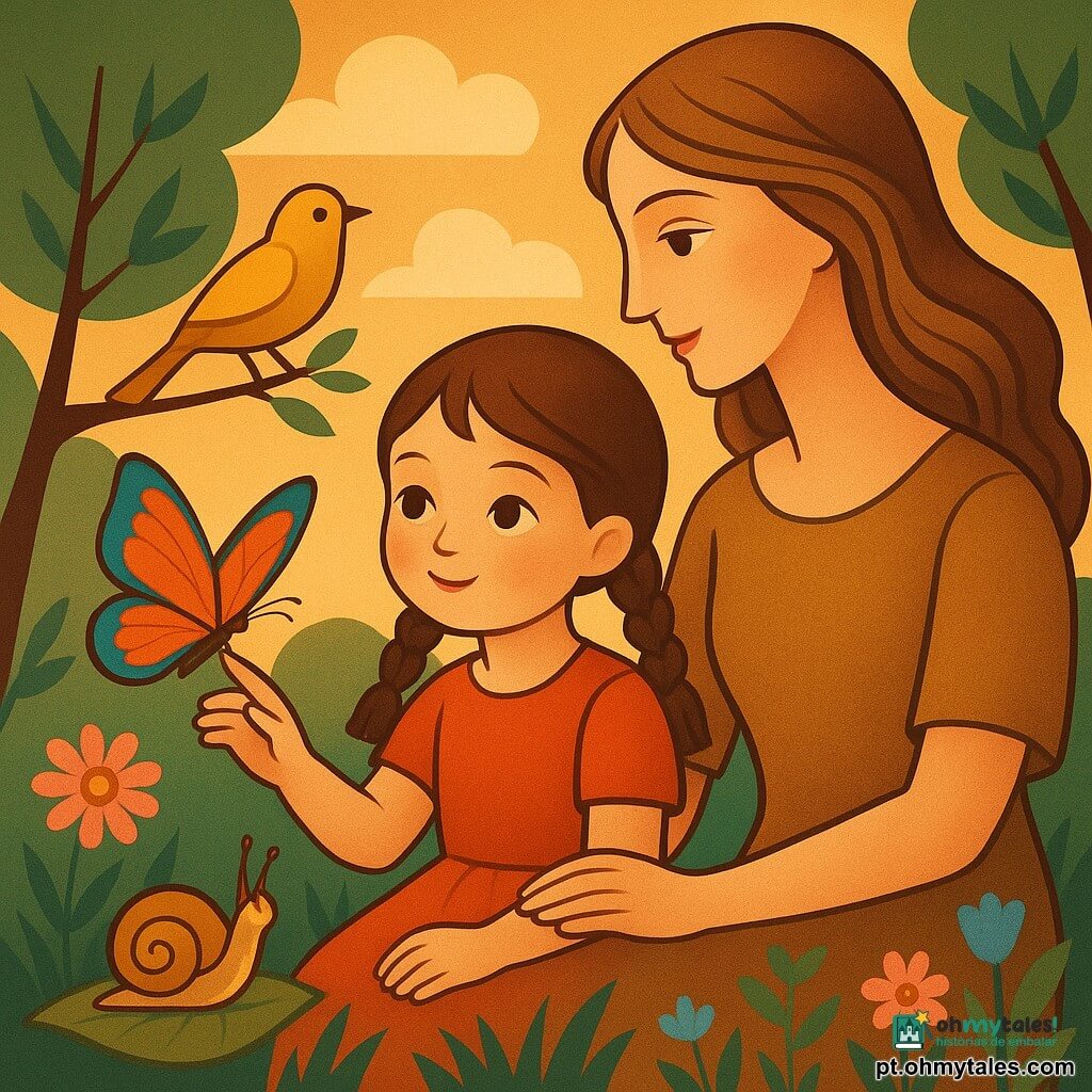 Garotinha de 4 anos, rosto redondo e bochechas rosadas, com duas tranças castanhas, sentada na grama estendendo a mão para uma pequena nuvem de flores; ao lado, a mãe de cerca de 30 anos, cabelos castanho-claro soltos, mão no ombro da filha; uma grande borboleta laranja e azul pousada na mão da menina, um caracol marrom de concha creme sobre uma folha próxima e um passeriforme amarelo cantando em um galho baixo; jardim calmo ao fim da tarde com relva verde e flores silvestres, luz dourada filtrando entre as árvores; cena contemplativa em que a menina pergunta pelo que é importante na vida, atmosfera serena, cores quentes e formas estilizadas em estilo art déco com linhas simples e motivos geométricos discretos.