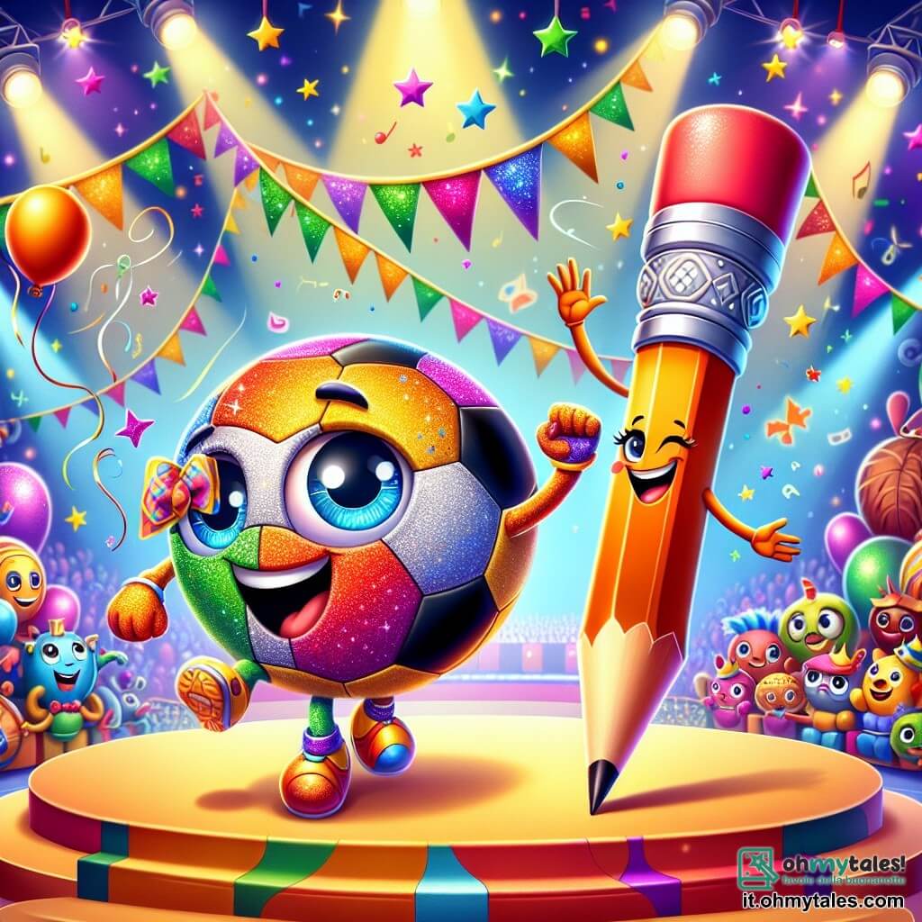 Un piccolo pallone da calcio chiamato Pallino, rotondo e colorato con un grande sorriso, rotola gioiosamente su un palco di carnevale, i suoi occhi brillano di eccitazione. Indossa un costume scintillante decorato con stelle di carta e brillantini, pronto a divertirsi. Accanto a lui, Colorina, una matita colorata con tonalità vivaci, disegna motivi colorati nell'aria, il suo volto irradia creatività e gioia. Sullo sfondo, la scena del carnevale è piena di giocattoli festivi, con festoni colorati, palloni fluttuanti e luci scintillanti, creando un'atmosfera magica e gioiosa. Pallino danza e rotola sul podio, circondato da altri giocattoli che applaudono e ridono, catturando lo spirito della festa e dell'amicizia.