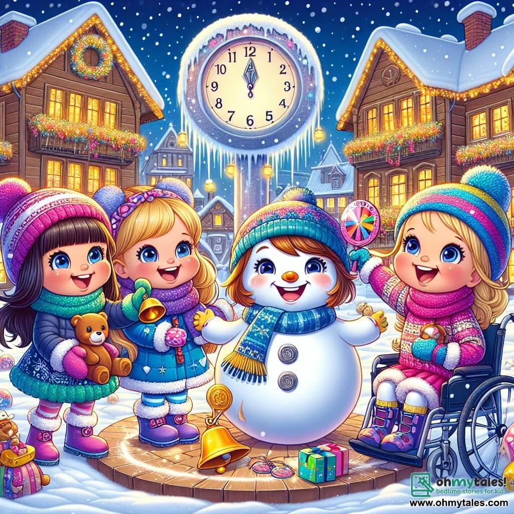 Four joyful girls stand in the center of a snowy square, ready to celebrate the New Year. Emily (10) wears a bright red scarf and a white coat, with rosy cheeks and sparkling eyes, smiling widely while holding a small teddy bear found in a snowball. Ava (9) sports a shiny blue hat and a blue coat, shaking a small golden bell, her face beaming with excitement. Mia (10) has starry mittens and a purple coat, holding an open winter storybook, her eyes filled with wonder. Lily (10) is in a sparkling wheelchair, dressed in a rainbow coat, blowing a colorful whistle and laughing with her friends. The lively scene is surrounded by wooden houses decorated with lights, gentle snowflakes falling, and a large ice clock shining in the center, ready for the New Year countdown. The girls hold hands, ready to shout "Happy New Year!" as a huge smiling snowman stands beside them, adding to the festive atmosphere.