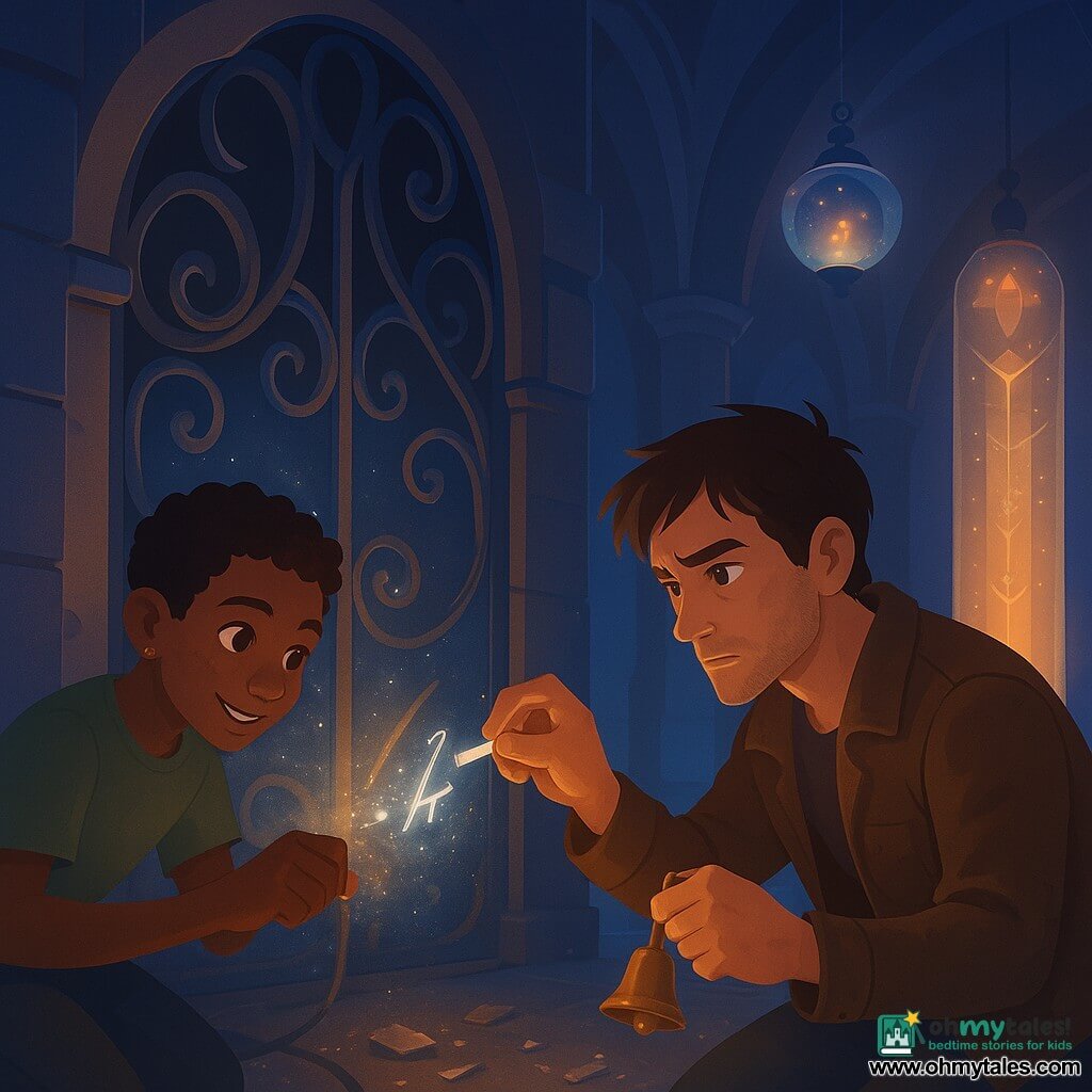 A man, Cassian, with a determined, slightly tired face, tousled brown hair and a worn jacket at the elbows, crouches by a twisted metal gate hinge holding a small brass proof-chime emitting a silver line of light while drawing glowing runes with a bit of bright chalk; to his left a boy, Nix (about 16), energetic with soot-smudged cheeks, short hair and a copper ear bead, holds a fine spool of copper wire and sprinkles sparkling storm-sand into the rune grooves; in the background right rises the Grandmother Quartz column, a tower-high translucent pillar with warm amber inner light and floating runic patterns that pulse like a beating heart; the setting is a vast cathedral-like corridor of polished black stone with a vaulted ceiling, floating glass lanterns containing mini star-storms, broken crystal shards and snaking metal cables with iridescent reflections; the scene shows two improvised repairers restarting an ancient portal by restoring a missing rune as a magical spark runs along the copper wire, the rune ignites and a spray of luminous glitter bursts from the portal frame.