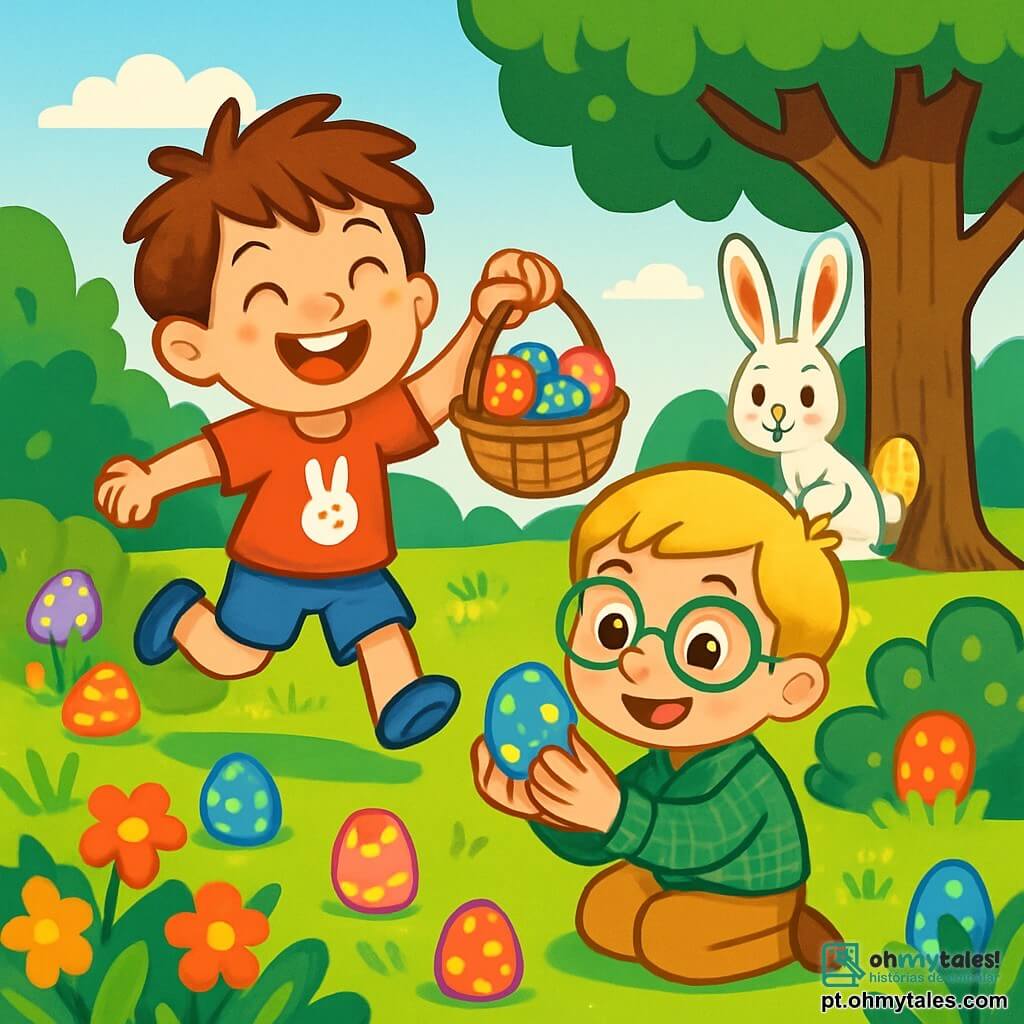Há 2 personagens principais: Pedro, um menino de 5 anos com cabelos castanhos bagunçados e olhos brilhantes, vestindo uma camiseta vermelha com um desenho de coelho e um short azul, saltando de alegria com uma pequena cesta cheia de ovos coloridos; e Lucas, também de 5 anos, com cabelos loiros e óculos redondos, vestindo uma camisa xadrez verde e calças bege, agachado examinando um ovo azul com bolinhas amarelas que acabou de encontrar, sorrindo. A cena acontece em um grande jardim ensolarado, repleto de flores coloridas, árvores verdes e arbustos densos, com ovos de Páscoa escondidos por toda parte e um grande carvalho ao fundo, onde um coelhinho travesso observa tudo. A situação principal mostra Pedro e Lucas em uma divertida caça aos ovos de Páscoa, rindo enquanto o coelhinho os observa, pronto para surpreendê-los com um ovo dourado escondido atrás de si.