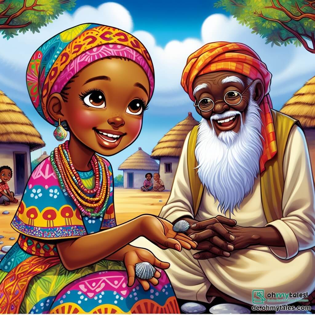 Amina, eine junge afrikanische Frau, steht im Mittelpunkt des Bildes mit einem breiten Lächeln auf ihrem Gesicht und neugierigen, strahlenden Augen. Sie trägt ein buntes Kleid mit traditionellen Mustern und ein lebhaftes Kopftuch, während sie eine kleine Muschel in ihrer Hand hält, ein Symbol der Weisheit. Neben ihr sitzt ein alter weiser Mann, etwa 70 Jahre alt, mit einem langen weißen Bart und Falten, die Geschichten erzählen. Er sitzt auf einem Stein, die Hände auf den Knien, und hört Amina aufmerksam zu. Im Hintergrund sieht man ein malerisches afrikanisches Dorf mit Lehmhütten mit Strohdächern, majestätischen Bäumen und einem strahlend blauen Himmel, der mit weißen Wolken übersät ist. Die Szene zeigt Amina, die ihre Abenteuer mit dem Weisen teilt, während neugierige Kinder näher kommen, um zuzuhören, und eine Atmosphäre von Freude und Lernen schaffen.