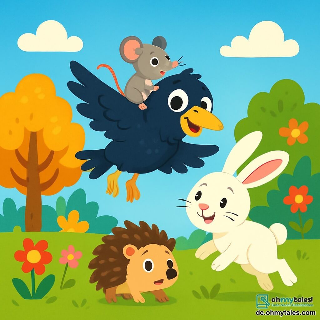 Ein kleiner schwarzer Rabe namens Corvin, mit glänzendem Gefieder und neugierigen, funkelnden Augen, fliegt fröhlich am blauen Himmel, seine Flügel ausgebreitet und ein strahlendes Lächeln auf seinem Gesicht. An seiner Seite springt ein sanftes weißes Kaninchen namens Lila, mit langen Ohren und seidigem Fell, fröhlich im grünen Gras, während ein kleiner Igel namens Momo, mit seinem stacheligen Rücken und runden Augen, ihnen besorgt hinterher trottet. Die Szene spielt am Rand eines bunten Waldes, wo große Bäume mit goldenen Blättern und leuchtende Blumen in allen Farben ein sanftes Feld mit Wildblumen umgeben. Im Mittelpunkt des Bildes hilft Corvin einer kleinen Maus, Mimi, ihren Weg zu finden, die zitternd, aber dankbar auf seinem Rücken sitzt. Die Atmosphäre ist fröhlich und freundlich, erfüllt von Licht und Wärme, und zeigt einen Moment der Solidarität und Abenteuer zwischen Freunden.
