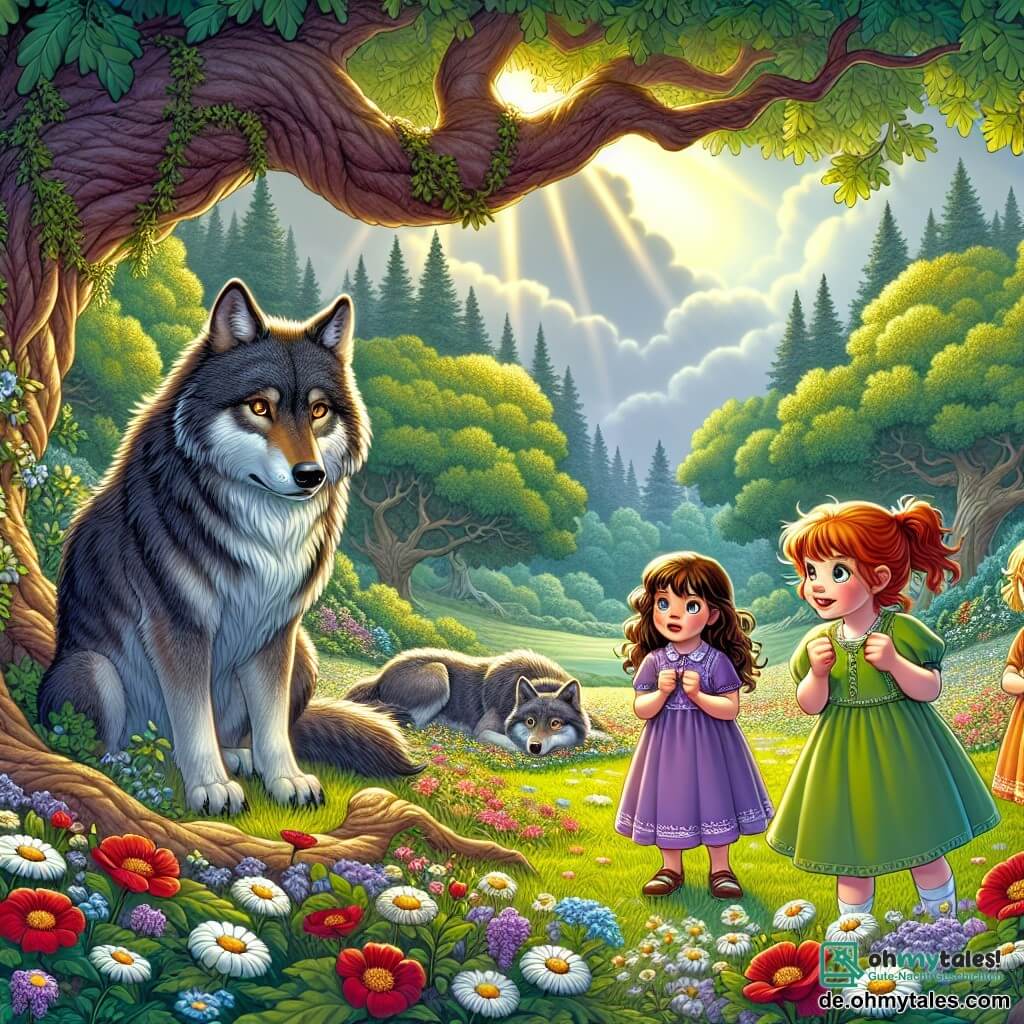 In einer verzauberten Lichtung stehen drei Mädchen mutig vor einem großen Wolf. Lila, ein 8-jähriges Mädchen mit langen braunen Haaren und einem lila Kleid, schaut neugierig auf den Wolf. Neben ihr steht Mia, ein 7-jähriges Mädchen mit blonden Haaren und funkelnden Augen, das etwas nervös aussieht, aber entschlossen die Fäuste ballt. Links steht Emma, ein 9-jähriges Mädchen mit roten Haaren und einem grünen Kleid, die mit einem großen Lächeln bereit ist zu helfen. Der Wolf, groß und majestätisch, hat graues Fell und leuchtend goldene Augen. Er liegt unter einer alten Eiche und hat einen traurigen Gesichtsausdruck. Die Lichtung ist voller bunter Blumen, großer Bäume mit knorrigen Stämmen und einem blauen Himmel, der mit weißen Wolken gesprenkelt ist. Sonnenstrahlen brechen durch die Blätter und tauchen die Szene in ein sanftes, warmes Licht. Die Mädchen stehen zusammen, bereit, dem Wolf die Blumen aus dem verzauberten Garten anzubieten, um seinen Fluch zu brechen, und schaffen so eine Atmosphäre von Mut und Freundschaft.