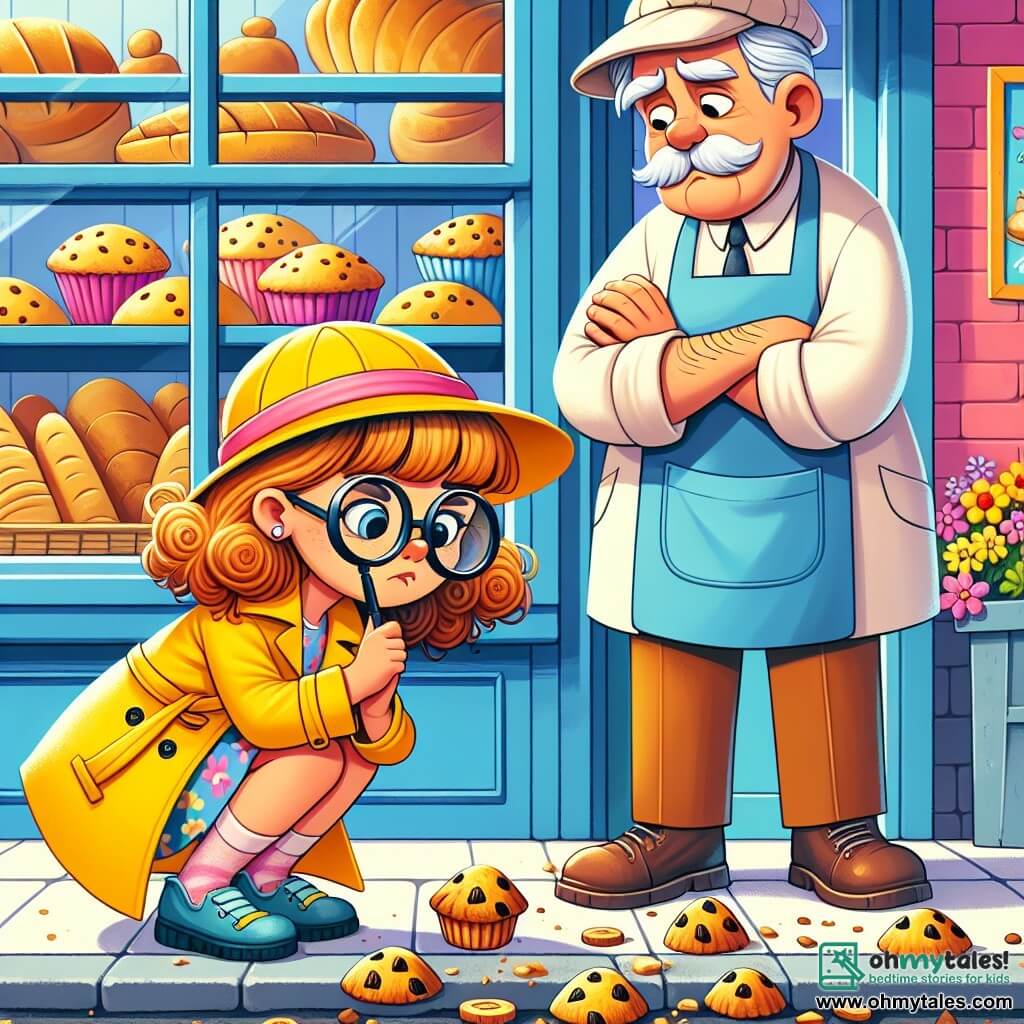 A young detective, Daisy, an 8-year-old girl with curly hair and round glasses, is crouched on the ground, examining muffin crumbs with a determined and curious look. She wears a bright yellow trench coat and a detective hat, giving her a mischievous air. Next to her, Mr. Baker, an elderly man around 60 with a white mustache and a blue apron, stands with a sad expression, looking at the scattered crumbs on the pavement. The scene is set in front of a colorful bakery, with shelves filled with golden bread and tempting cakes behind the window. The main situation shows Daisy in the middle of an investigation, scrutinizing the traces of missing muffins, while Mr. Baker, worried, wonders who could have stolen his delicious creations.