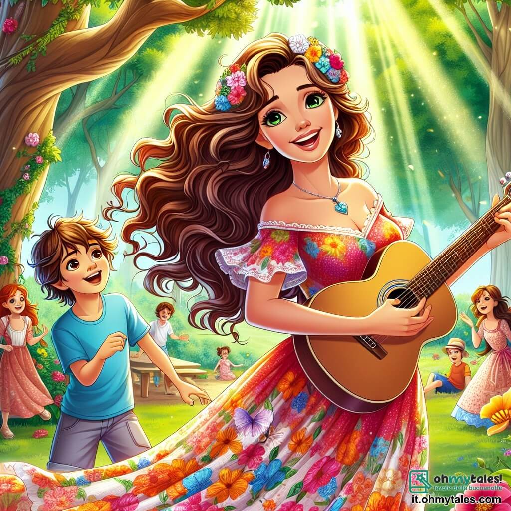 Al centro dell'immagine, una donna di nome Stella, con lunghi capelli ondulati e un sorriso radioso, tiene una piccola chitarra. Indossa un vestito colorato che danza col vento, e il suo viso esprime gioia ed entusiasmo mentre canta con passione. Accanto a lei, un ragazzo di 10 anni di nome Marco, con capelli castani disordinati e occhi scintillanti, la guarda con ammirazione. Indossa una maglietta blu e pantaloni corti, e si tiene leggermente in disparte, pronto a cantare con lei. Lo scenario si svolge in un parco verdeggiante, pieno di alberi maestosi e fiori colorati che aggiungono un tocco di magia all'ambiente. I bambini giocano sullo sfondo, mentre alcuni adulti si fermano ad ascoltare la dolce melodia che aleggia nell'aria. La scena principale mostra Stella e Marco che cantano insieme, le loro voci che si uniscono in una bella armonia, creando un'atmosfera gioiosa e ispiratrice, dove la musica e l'amicizia si incontrano sotto il sole splendente.