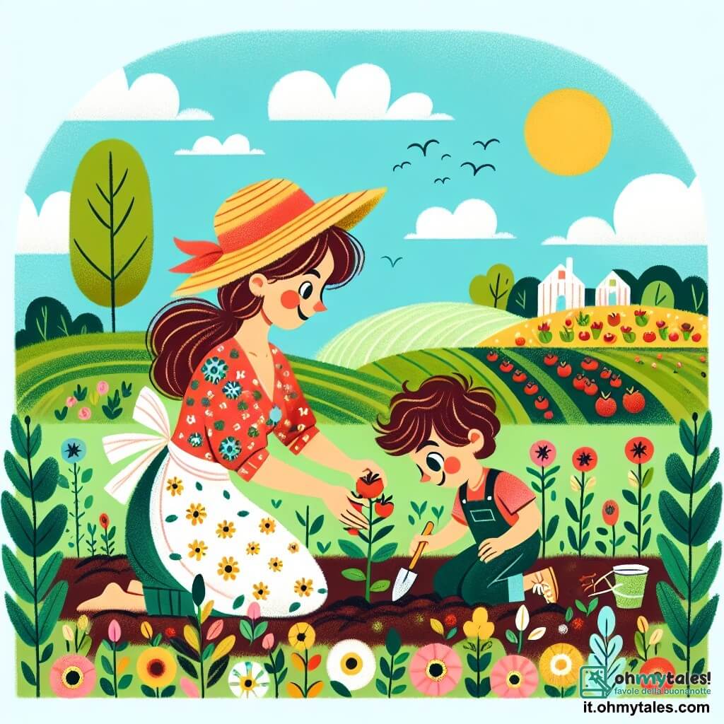 Maria, una donna di trent'anni, ha i capelli castani raccolti in una coda di cavallo. Indossa una camicia a fiori e un cappello di paglia, e il suo viso irradia gioia mentre è accovacciata in un campo, intenta a piantare semi di pomodoro con un sorriso entusiasta. Accanto a lei, Luca, un ragazzo di 8 anni con capelli ricci e occhi brillanti, sta scavando un buco nella terra con una piccola paletta, mostrando un'espressione di concentrazione ed eccitazione. Il contesto è una bella fattoria soleggiata, circondata da campi verdi, con fiori colorati lungo il sentiero e un cielo azzurro punteggiato di nuvole bianche e soffici. La scena principale mostra Maria e Luca che lavorano insieme, le mani nella terra, pronti a far crescere deliziosi pomodori, illustrando l'amicizia e la magia della natura.