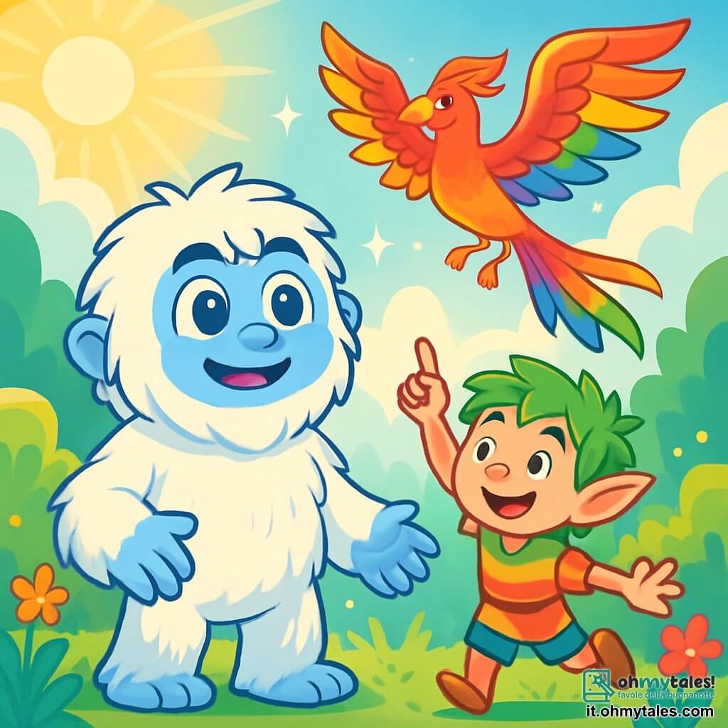 Un giovane yeti di nome Yuki, con pelliccia bianca e soffice, grandi occhi blu brillanti di curiosità, si trova al centro della scena, con un sorriso meravigliato sul volto. Sta guardando una splendida Fenice Arcobaleno, una creatura con piume dai colori vivaci, pronta a spiccare il volo in un cielo azzurro chiaro. Accanto a lui, un piccolo folletto di nome Pip, con orecchie a punta e capelli verdi arruffati, salta di gioia. Ha circa 10 anni, indossa una tunica colorata e un sorriso radioso, e si trova proprio accanto a Yuki, indicando la Fenice. Lo sfondo è una radura incantata, circondata da muri di nuvole soffici e fiori multicolori che danzano al vento. Raggi di sole filtrano attraverso gli alberi, creando un'atmosfera magica e luminosa. La scena principale mostra Yuki e Pip, meravigliati, che incoraggiano la Fenice a spiccare il volo, pieni di eccitazione e speranza, mentre scintille di luce brillano attorno a loro.