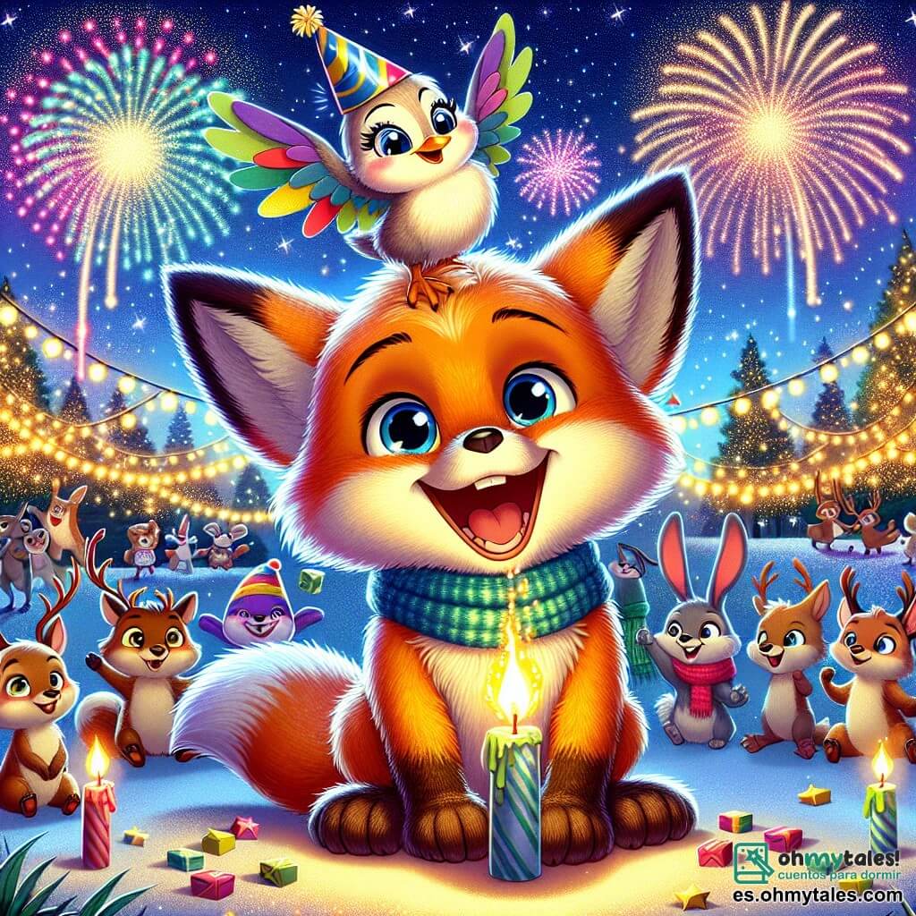 Zorito, un pequeño zorro de grandes orejas y suave pelaje naranja, está en el centro de la imagen, sonriendo con emoción mientras enciende fuegos artificiales en un cielo estrellado. Sus ojos brillan de alegría y anticipación, mientras lleva un pequeño sombrero de fiesta colorido. A su lado, Pepi, un pájaro de plumas multicolores, vuela alegremente en el aire, expresando gran felicidad. Mira a Zorito con admiración, listo para celebrar el Año Nuevo juntos. En el fondo, el parque está iluminado por guirnaldas de luces brillantes colgadas en los árboles, y amigos animales como renos y conejos se reúnen, riendo y aplaudiendo, creando una atmósfera festiva y cálida. La escena muestra a Zorito y Pepi preparando el espectáculo de fuegos artificiales para la fiesta de Año Nuevo, rodeados de sus amigos, todos ansiosos por celebrar juntos bajo un cielo lleno de estrellas y colores brillantes.