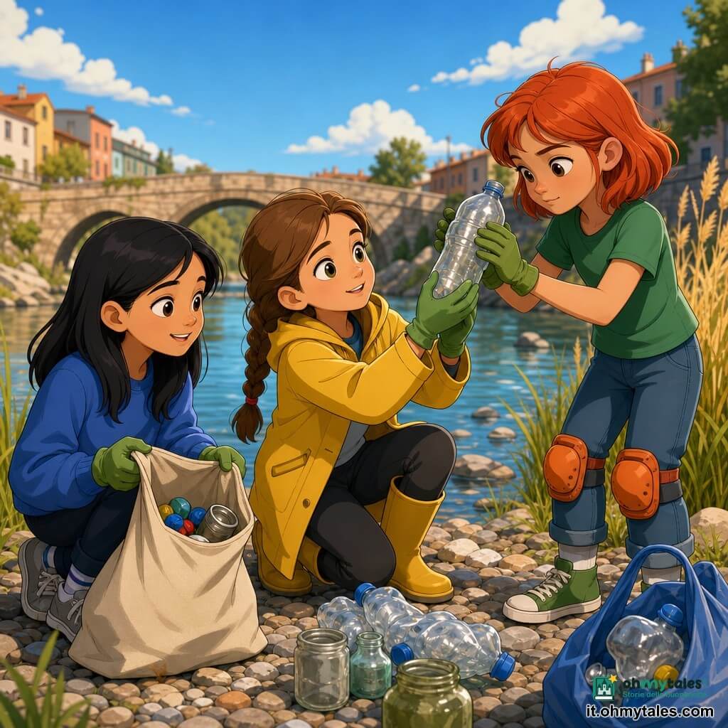 Ci sono tre bambine: Martina, 11 anni, trecce castane, giacca impermeabile gialla, accovacciata al bordo dell'acqua mentre mostra una bottiglia di plastica al sole; Alice, 11 anni, capelli rossi corti, maglietta verde e ginocchiere arancioni, sta in piedi a destra e schiaccia la stessa bottiglia con le mani; Samira, 11 anni, capelli neri lisci, felpa blu e guanti da giardinaggio verdi, è a sinistra e mette tappi e una lattina in un sacchetto di tela aperto, sorridendo. Luogo: riva di un piccolo fiume urbano in primavera, acqua chiara con riflessi blu e verdi, ciottoli lisci, canne dorate mosse dal vento, un vecchio ponte di pietra e qualche casa colorata sullo sfondo sotto un cielo luminoso. Situazione: le tre amiche raccolgono rifiuti durante una gita scolastica, gesti calmi e precisi, sacchi e guanti visibili, una piccola pila di bottiglie schiacciate e vasetti risciacquati accanto a loro, atmosfera attiva ed educativa, colori vivaci ed espressioni determinate ma benevole.