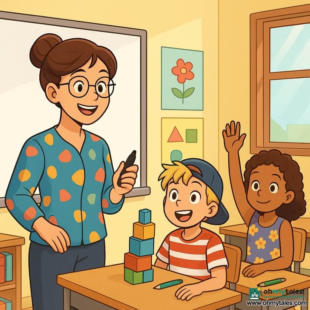 A smiling teacher in her thirties, with brown hair in a bun, wears a colorful blouse and round glasses. She stands in front of a whiteboard, her eyes sparkling with enthusiasm, holding a marker in one hand and a welcoming smile on her face. Next to her, a 9-year-old boy with messy blonde hair looks at the board with wide eyes, full of excitement. He wears a striped t-shirt and a backward cap. A little further away, an 8-year-old girl with curly hair and a floral dress raises her hand with a shy smile, ready to share her idea. The scene takes place in a bright classroom with pastel yellow walls, colorful posters hanging, and neatly arranged wooden desks. Sunlight filters through the windows, illuminating the scattered crayons and books on the tables. The main situation shows the teacher encouraging her students to participate in a tower-building project, creating an atmosphere of collaboration and creativity, where the children are motivated to learn and try new things.