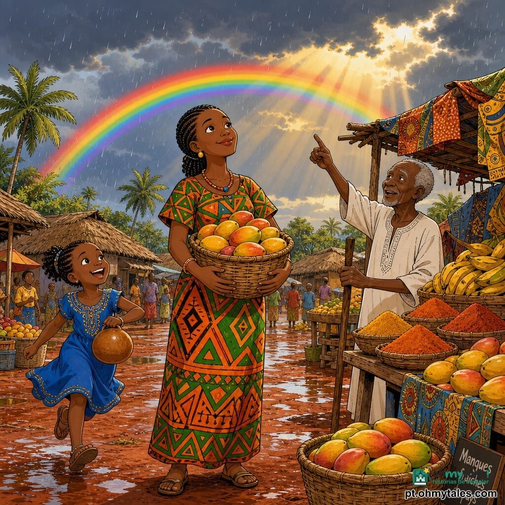 Mulher adulta (Amina), sorridente e serena, pele morena quente, cabelo preto em tranças apertadas, veste um longo vestido colorido com motivos geométricos laranja e verde, segura um cesto de vime com mangas amarelas e vermelhas e olha para o céu com sorriso e braços relaxados; homem idoso (~70 anos), rosto enrugado e cabelo curto grisalho, túnica branca simples, segura um bastão e aponta para um grande arco-íris atrás de uma banca de frutas; menina (~8 anos), pele morena clara, vestido azul, corre rindo em direção a Amina segurando uma pequena calebasse, à esquerda em primeiro plano; mercado de aldeia africana em chão de terra vermelha molhada, bancas de madeira com tecidos coloridos, cestos de vime, montes de mangas e bananas e especiarias em pó, palmeiras e telhados de palha ao fundo; céu parcialmente limpo com raios de sol atravessando nuvens escuras, gotas de chuva ainda visíveis e um arco-íris vívido no horizonte; situação pós-chuva, sol voltando e aldeões retomando as compras, clima acolhedor, cores saturadas e contrastes fortes; estilo gráfico: linhas claras, cores planas e luminosas, expressões exageradas porém suaves, composição centrada em Amina e no arco-íris, nível de detalhe adequado para ilustração infantil.