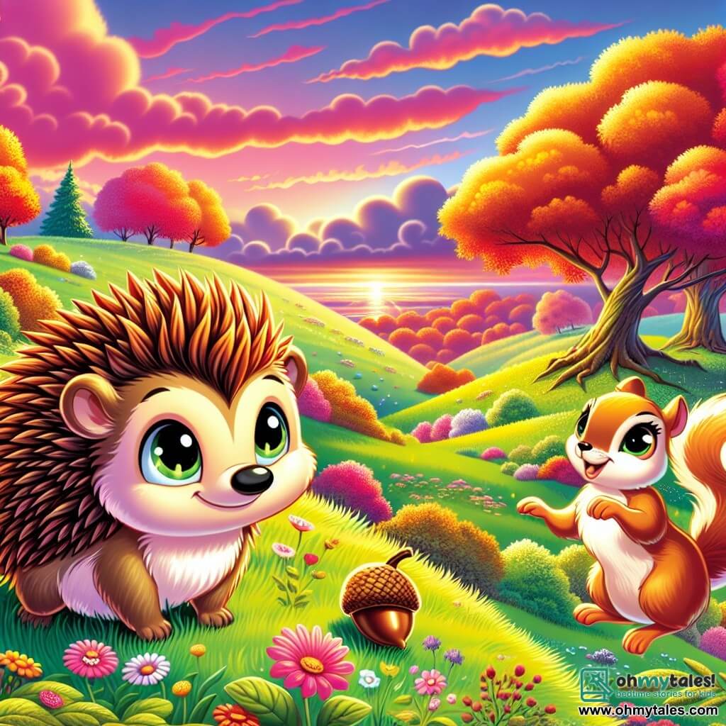 A little hedgehog named Oliver, with bright autumn-colored quills, stands atop a green hill, his face radiating determination and curiosity. He gazes into the distance, his eyes sparkling with excitement. Beside him, a playful squirrel named Luna, with soft golden fur and a bushy tail, joyfully hops around, her eyes shining with mischief. The landscape is a vast meadow dotted with multicolored wildflowers, where the setting sun bathes the sky in pink and golden hues, creating a magical atmosphere. In the distance, majestic trees rise, their leaves gently dancing in the wind. The main scene shows Oliver and Luna, ready to embark on an adventure, with the shimmering Golden Acorn at their feet, symbolizing the dreams and discoveries that await them.
