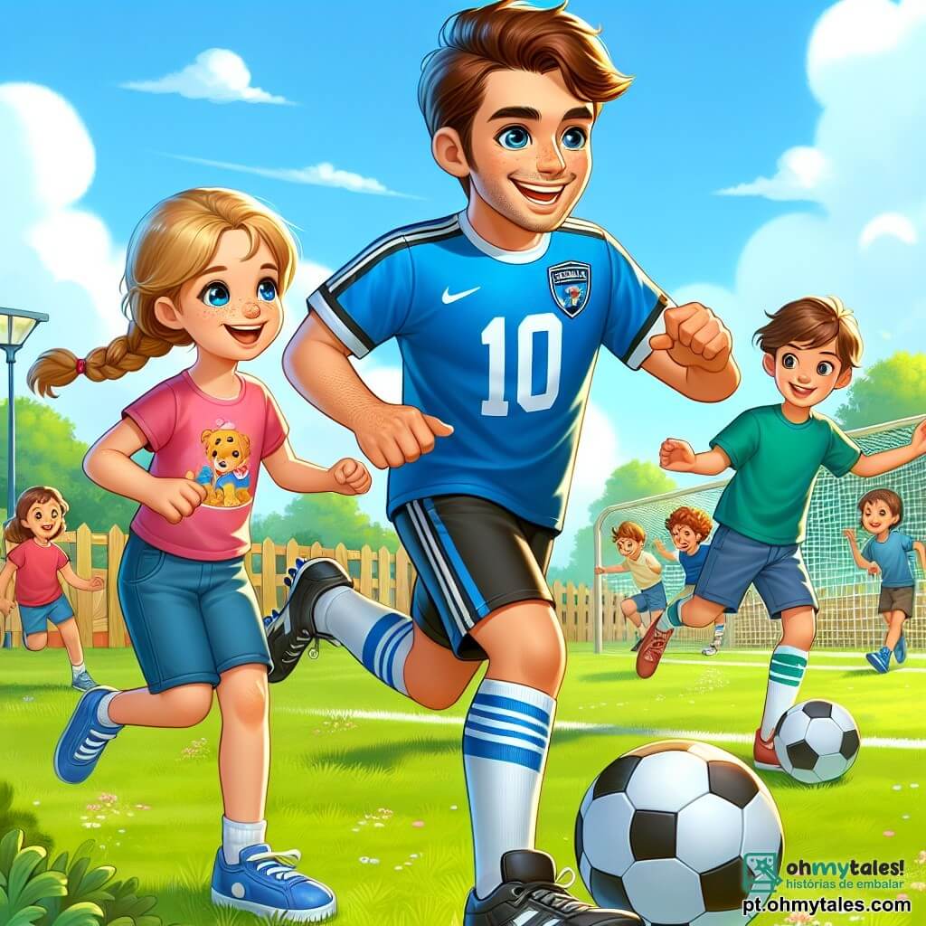O personagem principal é Lucas, um jovem de 25 anos, com cabelo castanho e olhos brilhantes de alegria. Ele usa uma camisa de futebol azul com o número 10, um short preto e tênis. Ele está driblando uma bola de futebol em um campo ensolarado, com um grande sorriso no rosto, mostrando sua paixão pelo jogo. Ao seu lado, há uma menina de 8 anos, chamada Clara, com cabelo loiro em tranças e uma camiseta rosa, correndo atrás da bola com os braços levantados de excitação. Um garoto de 9 anos, chamado Max, com cabelo castanho e um short verde, está prestes a chutar ao gol, concentrado e determinado, logo atrás de Lucas. O local é um campo de futebol verde, cercado por barreiras de madeira e algumas árvores, sob um céu azul com nuvens brancas. Crianças brincam ao redor, rindo e se divertindo, criando uma atmosfera alegre e dinâmica. A cena principal mostra Lucas, Clara e Max jogando futebol, com Lucas driblando a bola, Clara correndo ao seu lado e Max pronto para chutar ao gol, todos unidos pelo amor ao jogo e pela amizade.