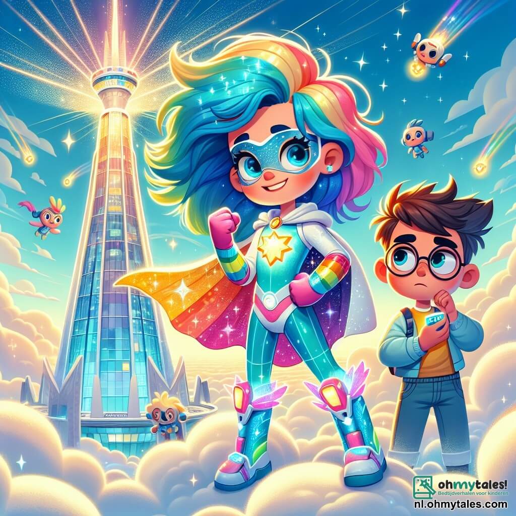 Nova Blits is een jonge superheldin met stralend blauwe haren, een glinsterende regenboogcape en fonkelende leashes. Ze heeft een vastberaden en moedig gezicht, met gebalde vuisten, klaar om de situatie te redden. Naast haar staat Max Modus, een 10-jarig jongetje met ronde bril en tousled haar, die bezorgd om zich heen kijkt terwijl hij een klein gadget vasthoudt. Ze staan voor de majestueuze Stadslicht-toren, een glinsterende glazen structuur die boven de stad uittorent, omringd door zachte wolken en zwevende robots. De hoofdscène toont Nova en Max, staande op een wolk, kijkend naar de toren waar de energie van de zonnebatterijen verdwenen is, met fonkelende energieflitsen om hen heen, klaar om het mysterie op te lossen.