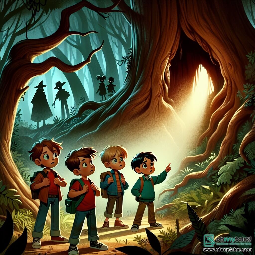Four boys, aged 10 to 12, stand in the center of a mysterious forest. Jack, the boldest, has messy brown hair and wears a red t-shirt, pointing at a large hollow tree. Oliver, with round glasses and blond hair, looks on curiously, a slight smile on his face. Sam, a bit shorter, has black hair and wears a blue jacket, seeming anxious as he stands near the tree. Alex, the dreamer of the group, has brown hair and a green sweater, fascinated by the shadows in the trees. The dense forest is shrouded in thick mist that filters sunlight, creating a magical yet eerie atmosphere. Twisted trunks and gnarled branches rise around them, while shadows dance among the foliage, adding to the mystery. The main scene shows the boys discovering the entrance to a secret passage in the hollow tree, their faces lit by flashlight beams, while dark silhouettes appear to watch them from the depths of the forest.