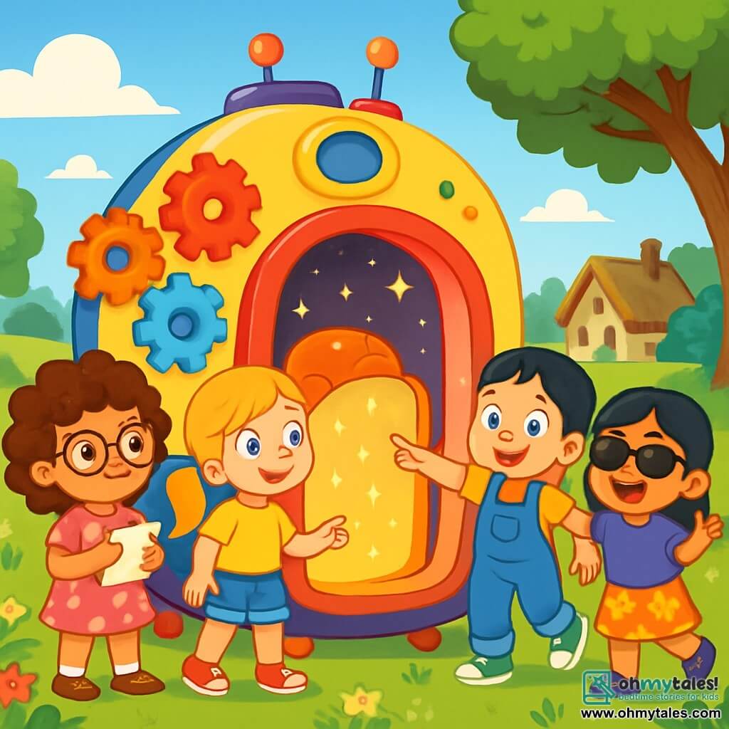 There are 4 children: - Mia: a 5-year-old girl with curly brown hair and round glasses. She wears a polka dot pink dress and holds a small notebook. - Zoe: a 5-year-old girl with smooth blonde hair and a high ponytail. She is dressed in a yellow t-shirt and denim shorts, looking around curiously. - Lily: a 5-year-old girl with red hair in braids. She wears a blue overall and green sneakers, smiling joyfully while pointing at the time machine. - Ava: a 5-year-old girl with black hair and sunglasses. She is dressed in a purple t-shirt and a floral skirt, making an excited gesture. The children stand in front of a large time machine, shining with sparkling lights and colorful gears. The setting is a green field with colorful flowers and a bright blue sky. In the distance, there are old houses with thatched roofs and majestic trees. The main scene shows the children emerging from the time machine, amazed and curious, ready to explore this new mysterious and fascinating world.