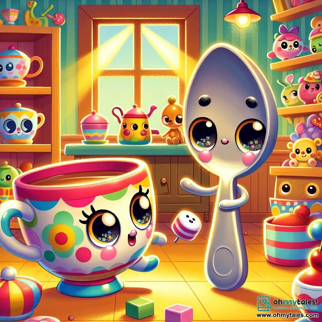 Tippy, a small colorful teacup with sparkling eyes, stands at the center of the scene, wearing a curious yet slightly sad expression, her handle raised as if greeting the world. Next to her, Spooner, a cheerful little shiny metal spoon, smiles with round friendly eyes, juggling a small sugar ball, adding a touch of lightness to the situation. The setting is a charming corner of Toyland, with wooden shelves filled with colorful toys and golden rays of light filtering through a window, warmly illuminating the room. In the background, a small wooden table is adorned with cups and sweets, creating a friendly atmosphere. The main scene shows Tippy and Spooner joyfully chatting, despite Tippy's thoughtful demeanor as she reflects on her new life with two homes, while nearby toys seem to listen attentively, fostering an ambiance of friendship and support.