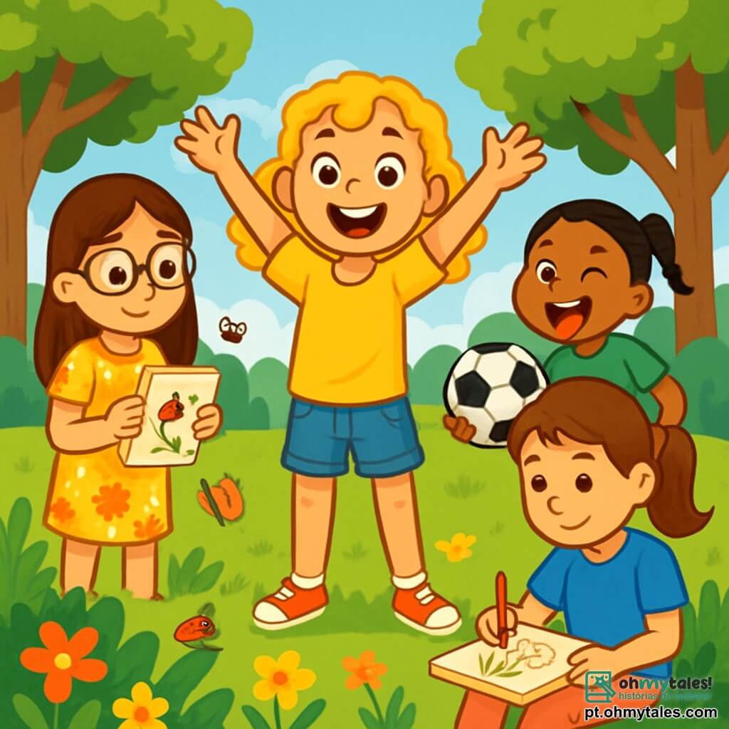 Há 4 crianças: - Mariana: uma menina de 10 anos com cabelos dourados cacheados, um sorriso radiante, vestindo uma camiseta amarela e um short jeans. Ela está em pé no centro, levantando os braços para o alto com entusiasmo. - Sara: uma menina de 9 anos com cabelos castanhos lisos, usando óculos redondos e um vestido florido. Ela está à esquerda, segurando um caderno de esboços e observando atentamente os insetos. - Beatriz: uma menina de 10 anos com cabelos castanhos presos em um rabo de cavalo, vestindo uma camiseta azul e uma calça rosa. Ela está à direita, sentada na grama, desenhando flores em seu caderno. - Joana: uma menina de 9 anos com cabelos negros trançados, vestindo uma camiseta verde e um short. Ela está um pouco atrás, fazendo uma careta engraçada e segurando uma bola de futebol. O local é um lindo parque ensolarado, cheio de grandes árvores com folhas verdes brilhantes, flores coloridas e um grande gramado verde. Ao fundo, vê-se um céu azul claro com algumas nuvens brancas fofas. A cena principal mostra as quatro amigas se divertindo juntas, rindo e compartilhando ideias para sua próxima aventura de verão, cercadas pela beleza da natureza.