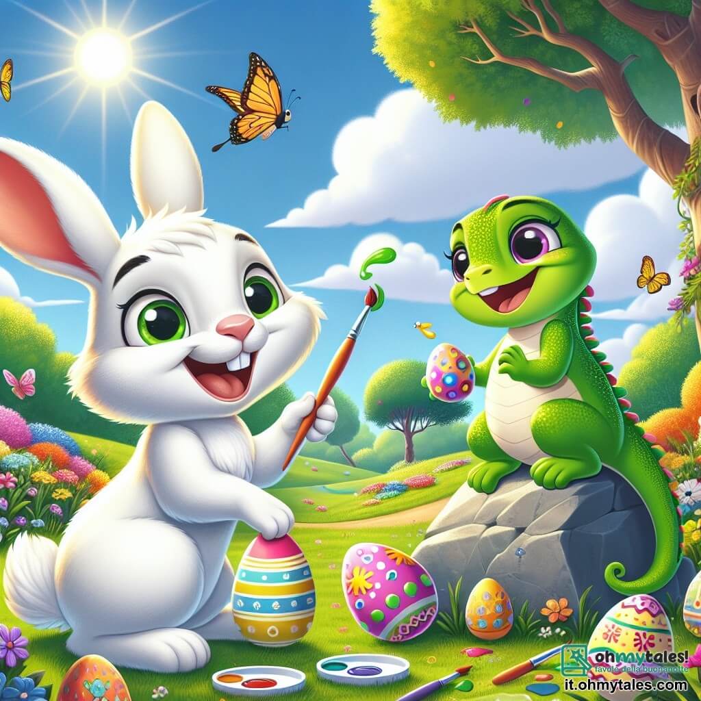 Un coniglietto di nome Bianchino, con un pelo bianco splendente e grandi occhi brillanti di curiosità, sta dipingendo uova di Pasqua colorate in un giardino soleggiato. Sorride gioiosamente, tenendo un pennello in una zampa e un'uovo decorato nell'altra. Accanto a lui, una lucertola brillante di nome Lalla, con una pelle verde scintillante e occhi pieni di eccitazione, osserva con meraviglia un'uovo a pois che ha appena decorato. Si trova su una pietra, saltellando di entusiasmo. Il giardino è lussureggiante, pieno di fiori colorati, farfalle svolazzanti e un cielo blu splendente. Bianchino e Lalla stanno creando insieme uova di Pasqua, circondati da colori vivaci e risate, celebrando l'amicizia e la gioia di questa festa primaverile.