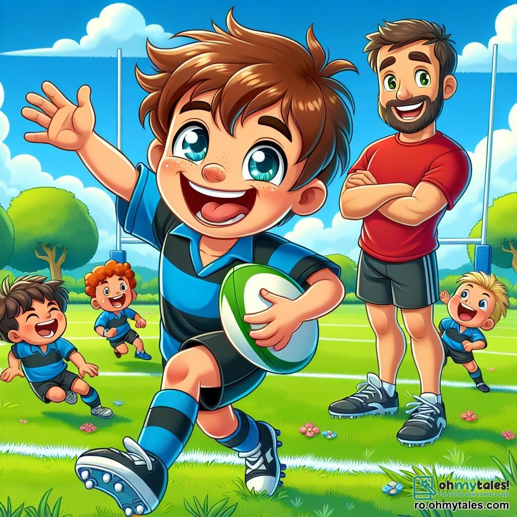 Un băiat de 8 ani, pe nume Matei, cu părul brun și ochii strălucind de bucurie, aleargă pe un teren de rugby verde, cu un zâmbet larg pe față. Poartă un tricou albastru și o pereche de pantaloni scurți negri, ținând ferm o minge de rugby sub braț, pregătit să marcheze un eseu. Aproape de el, antrenorul Andrei, un bărbat în jur de 30 de ani cu părul scurt și barbă bine îngrijită, îl observă atent, zâmbind și încurajându-l cu un gest al mâinii. Este îmbrăcat într-un tricou roșu și pantaloni de sport negri, stând aproape de linia de margine. În fundal, terenul este înconjurat de copaci mari și verzi și un cer albastru strălucitor, cu câteva nori albi pufoși. Prietenii lui Matei, băieți și fete de aceeași vârstă, sunt împrăștiați pe teren, râzând și aplaudând, creând o atmosferă veselă și dinamică. Scena îl arată pe Matei în acțiune, alergând cu determinare spre linia de eseu, în timp ce prietenii săi îl încurajează cu entuziasm, ilustrând spiritul de echipă și pasiunea pentru rugby.