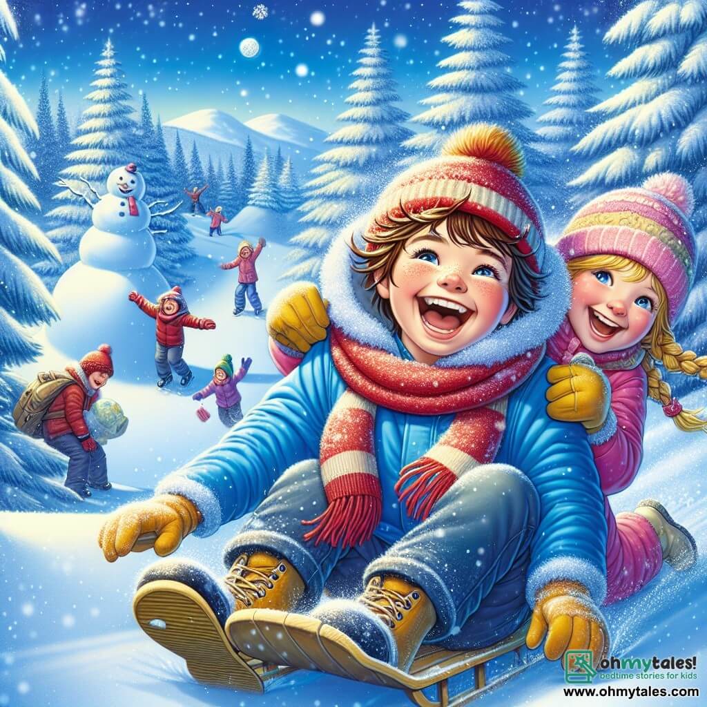 An 11-year-old boy, Oliver, with messy brown hair and rosy cheeks, is laughing as he joyfully slides down a snowy slope. He wears a bright blue jacket, a red beanie, and yellow gloves, his eyes shining with happiness. Next to him, a girl his age, Mia, with braided blonde hair and a bright smile, throws a snowball at Oliver, dressed in a pink snowsuit and a striped scarf. In the background, children are building a large snowman, while majestic snow-covered fir trees line the scene. The sky is a bright blue, sprinkled with gently falling snowflakes, creating a magical winter atmosphere. The main scene shows Oliver and Mia in a snowball fight, surrounded by laughter and joy, capturing the playful spirit of winter.