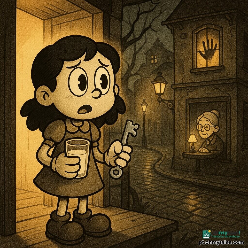 Uma menina de 8 anos, corajosa porém apreensiva, observa a casa abandonada desde a pequena varanda, olhos arregalados e brilhantes, boca entreaberta, segurando um copo de leite morno numa mão e uma pequena chave gelada na outra; a avó (cerca de 70 anos) aparece pela janela à direita, cabelo grisalho preso, sentada junto a uma mesa sob fraca luz de lâmpada, rosto doce porém distante; no vidro do sótão há uma sombra em forma de mão com dedos longos deixando traços de pó; a rua estreita e pavimentada, casas com fachadas rachadas, postes amarelos e árvores nuas criam uma atmosfera úmida de crepúsculo; cena principal: a menina na varanda sob luz quente encara a janela do sótão onde uma luz amarela vacila e surge a impressão de mão em pó, tensão entre medo e curiosidade.