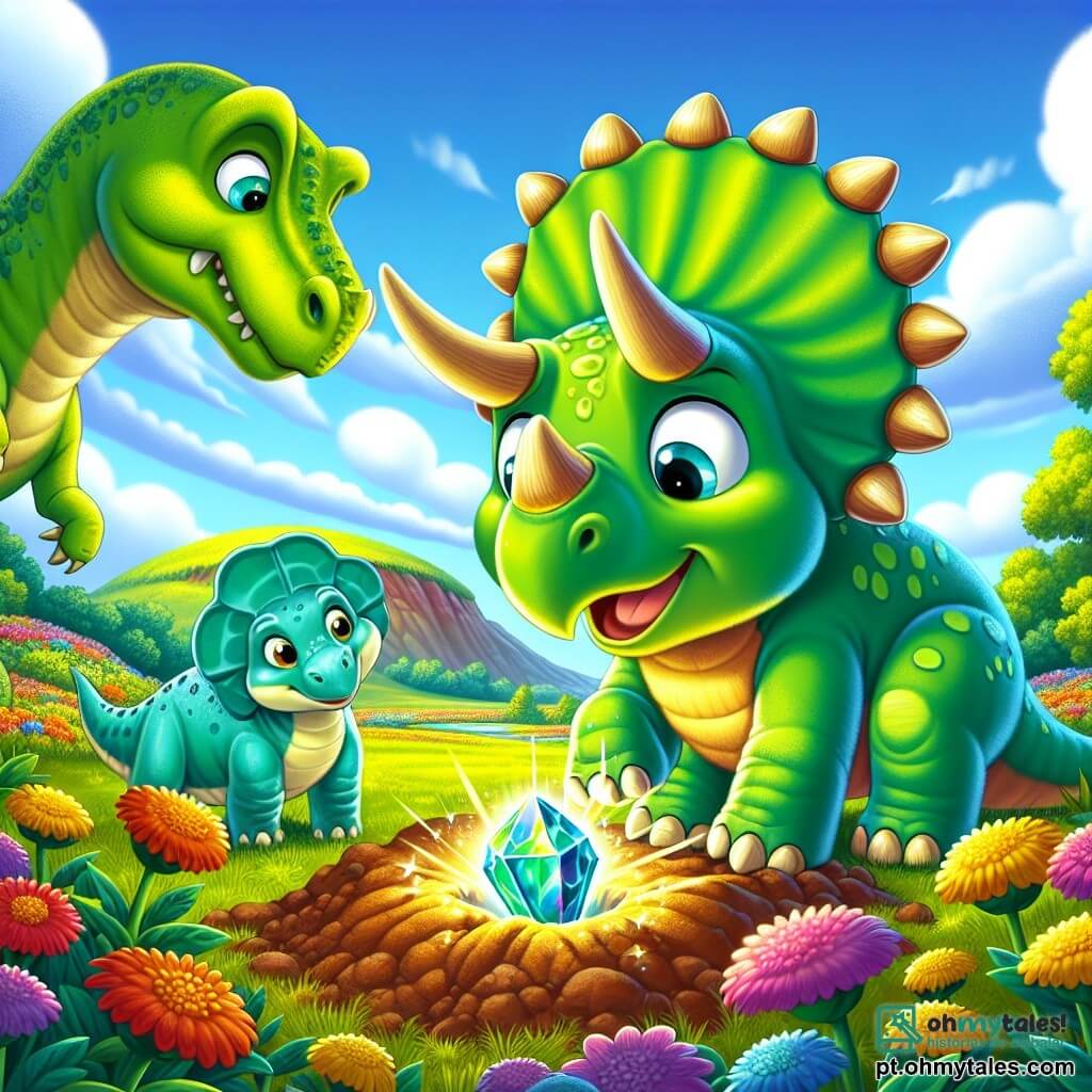 Um tricerátops chamado Tico, com uma pele verde brilhante e chifres majestosos, expressa grande curiosidade e excitação ao descobrir uma pedra brilhante enterrada no chão. Ao seu lado, Dina, uma dinossauro de pescoço longo com escamas azul-céu, observa com admiração, seus grandes olhos redondos brilhando de fascínio. Rex, um tiranossauro com um sorriso amigável, fica um pouco mais atrás, de braços cruzados, com um ar pensativo, pronto para compartilhar seus conhecimentos sobre o mistério da pedra. A cena se passa em um lindo campo de flores coloridas, com colinas verdejantes ao fundo e um céu azul claro salpicado de nuvens fofas. Tico, cavando o chão, revela a pedra cintilante que emite cores vivas, atraindo a atenção de seus amigos.