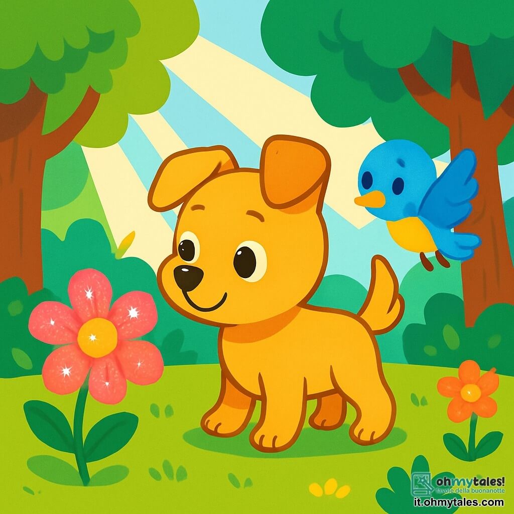 Un piccolo cane di nome Caneletto, con un pelo dorato e occhi pieni di curiosità, si trova al centro della scena, con le orecchie dritte e la coda che scodinzola gioiosamente. Guarda con meraviglia un magnifico fiorellino colorato, che brilla al sole, con petali rosa e gialli che scintillano. Accanto a lui, un piccolo uccello blu, con un pancino giallo vivo e ali delicate, vola allegramente, cercando la sua mamma. L'uccello sembra preoccupato ma pieno di speranza, fluttuando leggermente sopra Caneletto. La scena si svolge in una foresta incantata, con alberi maestosi, foglie verdi brillanti e fiori colorati che punteggiano il terreno. Raggi di sole filtrano tra i rami, creando un'atmosfera magica e luminosa. Caneletto, con un'espressione determinata e amichevole, si prepara ad aiutare il suo nuovo amico a ritrovare la mamma, mentre l'uccello canta dolcemente, pieno di speranza.