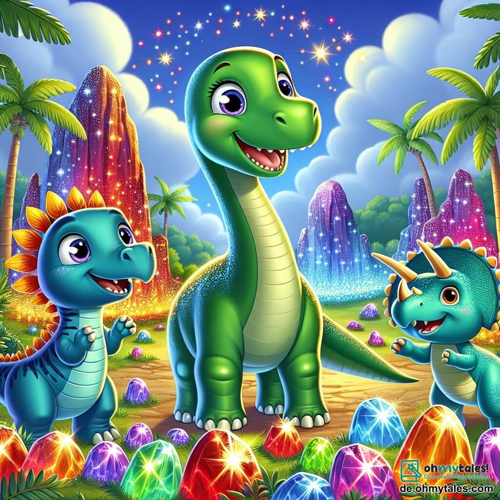 Ein junger Diplodocus mit einem langen Hals und glänzenden grünen Schuppen steht in der Mitte des Bildes, mit weit aufgerissenen Augen vor Staunen und einem breiten Lächeln auf seinem fröhlichen Gesicht. Neben ihm springt ein kleiner Stegosaurus mit bunten Platten in Blau und Lila vor Freude, seine Augen funkeln vor Aufregung. Ein Triceratops mit drei Hörnern und einem breiten, freundlichen Lächeln steht etwas weiter hinten und hebt leuchtende Steine vom Boden auf. Die Szenerie ist eine magische Insel, gefüllt mit leuchtenden Steinen, die in Rottönen, Gelb und Grün funkeln, umgeben von großen Farnen und üppigen Palmen. Der Himmel ist strahlend blau, gespickt mit fluffigen weißen Wolken. Die Szene zeigt die drei Dinosaurier, die eine Freundschaftsfeier feiern, fröhlich um die intensiv leuchtenden Steine tanzen und eine festliche, verzauberte Atmosphäre schaffen.