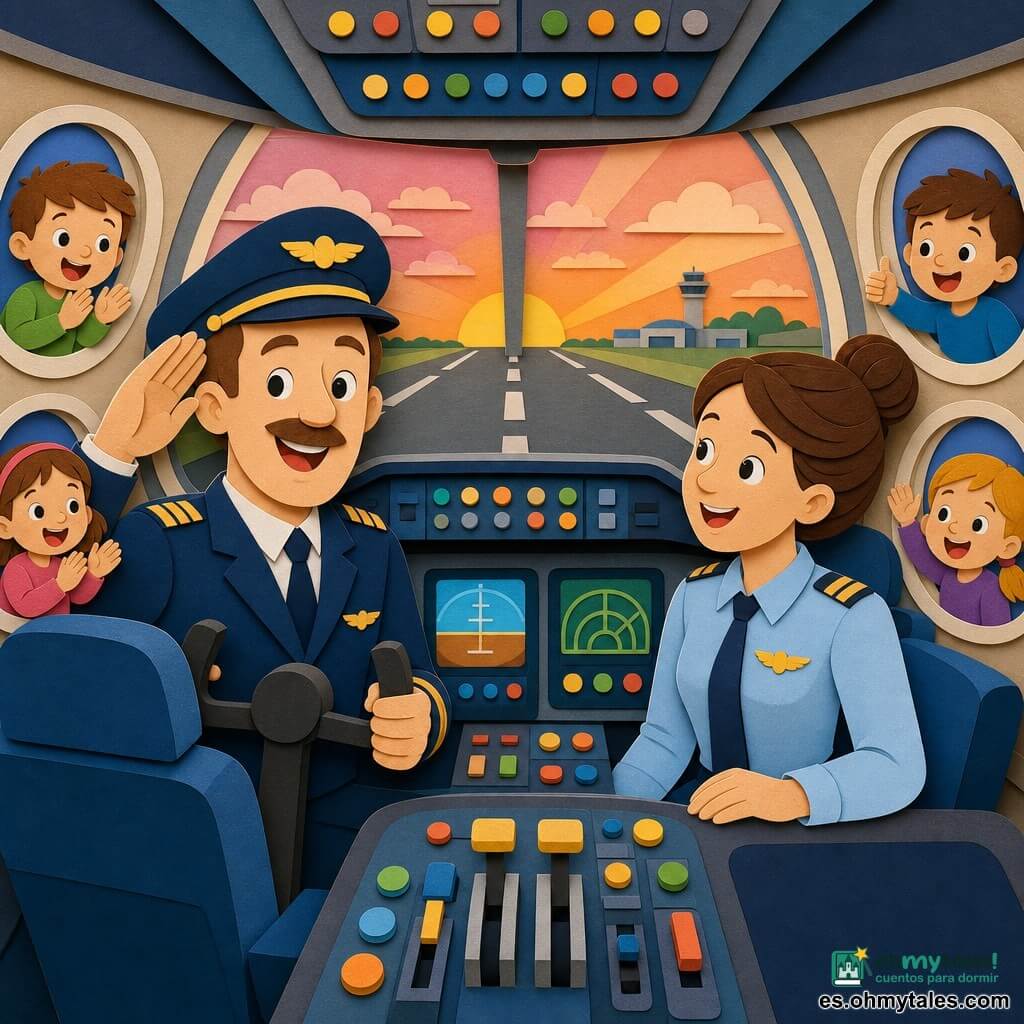 Un piloto alto y sonriente de rostro redondo con bigote discreto y uniforme azul marino sostiene el volante y saluda, la copiloto Marta, de unos 30 años con moño y uniforme azul claro, sonríe desde el asiento derecho con la mano sobre el tablero; se ven niños pasajeros a través de los ventanillas aplaudiendo, el interior del cockpit es colorido y simple con grandes botones redondos, pantallas estilizadas y asientos acolchados bañados por rayos dorados, y afuera hay un cielo de atardecer rosa y naranja sobre la pista y edificios lejanos; el avión acaba de aterrizar, ambiente calmado y festivo, colores cálidos y formas nítidas tipo recorte.