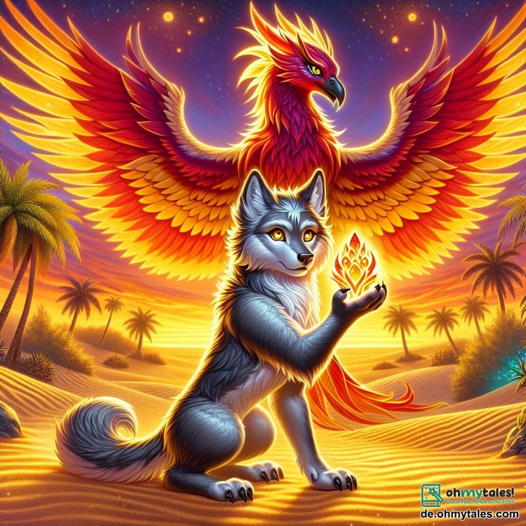 Im Zentrum des Bildes steht ein junger Werwolf namens Fenris, mit einem silbernen Fell, das unter einem lodernden Himmel glänzt, stolz und entschlossen. Seine goldenen Augen funkeln vor Emotionen, die Mut und Besorgnis vermischen, während er vorsichtig einen leuchtenden Kristall in seinen Vorderpfoten hält. Neben ihm entfaltet der majestätische Phönix, ein lebhaftes Wesen mit roten und goldenen Federn, seine Flügel und erhellt die Szene mit seiner strahlenden Wärme. Sein weiser und dankbarer Blick ruht auf Fenris, bereit, aus der Asche wiedergeboren zu werden. Die Kulisse ist eine versteckte Oase im Herzen einer weitläufigen goldenen Sandfläche, umgeben von grünen Palmen und einem dämmernden Himmel, der in warmen Farben leuchtet. Sanddünen wogen am Horizont, während ein leichter Wind funkelnde Sandkörner aufwirbelt. Die Hauptsituation zeigt Fenris, den Werwolf, der den Kristall hält, der ein strahlendes Licht ausstrahlt, bereit, die Magie der Oase wiederherzustellen, während der Phönix im Hintergrund sich auf den Flug vorbereitet, was Erneuerung und Hoffnung symbolisiert.