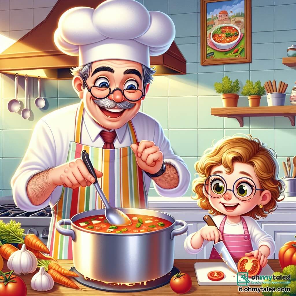 Il chef Luigi è un uomo gioioso di circa cinquant'anni, con un grande cappello bianco e un sorriso caloroso. Indossa un grembiule colorato a righe e sta mescolando una grande pentola di zuppa, con gli occhi brillanti di gioia e entusiasmo. Accanto a lui, una bambina dai capelli ricci dorati, di circa 8 anni, osserva con fascinazione. Indossa una giacca da cucina rosa e tiene una carota in mano, pronta ad aggiungerla alla preparazione. Un ragazzo con occhiali tondi, di circa 7 anni, si trova un po' in disparte, con un coltello di plastica e un pezzo di pomodoro, concentrato sul suo compito. La scena si svolge in una cucina colorata e vivace, piena di pentole di metallo brillanti, verdure fresche dai colori vivaci e erbe aromatiche che profumano l'aria. I muri sono decorati con quadri di piatti appetitosi e una grande finestra lascia entrare la luce del sole, illuminando lo spazio. La situazione principale mostra il chef Luigi che insegna ai bambini come preparare una zuppa deliziosa, circondato da risate e scoperte culinarie, creando un'atmosfera gioiosa e calorosa.