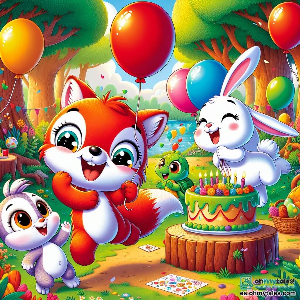 En el centro de la imagen, un pequeño zorro de pelaje rojo brillante y grandes ojos chispeantes de alegría sonríe entusiasmado mientras sostiene un globo rojo con sus patas. A su lado, una adorable ardilla llamada Luli, con ojos brillantes y cola esponjosa, salta de felicidad sosteniendo un globo verde, mientras un alegre conejito blanco llamado Tito, con orejas grandes y una sonrisa radiante, baila alrededor de ellos sosteniendo cartas de colores. La escena tiene lugar en un claro soleado del bosque, rodeado de majestuosos árboles de hojas verdes brillantes y flores coloridas que adornan el suelo. Al fondo, se ve una gran tortuga sonriente llamada Tita, que prepara un delicioso pastel en una mesa de madera decorada con guirnaldas de flores. La situación principal muestra a Zorrito y sus amigos preparando una fiesta sorpresa por el Día de las Madres, con globos flotantes y risas alegres, creando una atmósfera festiva y llena de amor.
