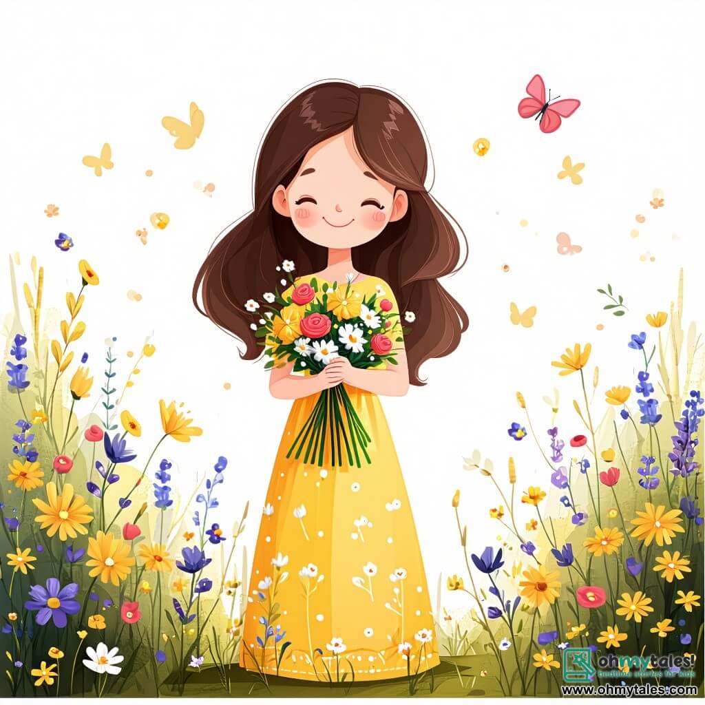 A 7-year-old girl named Lily stands in the center of the image, with a bright yet melancholic face. She has long, slightly wavy brown hair and wears a lovely yellow dress adorned with small white flowers. In her hands, she holds a bouquet of colorful flowers, symbolizing her love for her late grandmother. Next to her is her mother, a woman around 35 with brown hair tied in a bun, who has a gentle and comforting expression, placing a hand on Lily's shoulder to offer support and love. A little further away, her father, a man about 40 with a light beard and a warm smile, looks at his daughter with pride and tenderness, ready to share memories. The scene takes place in a lush park, bathed in the golden light of the setting sun. Majestic trees surround the area, and colorful flowers line the path. In the distance, colorful balloons rise into the sky, symbolizing the memories and love surrounding them. The main situation shows Lily, surrounded by her parents, releasing balloons into the sky, each carrying a message for her grandmother. Their faces are filled with emotion, blending sadness and hope as they celebrate the life of their loved one.