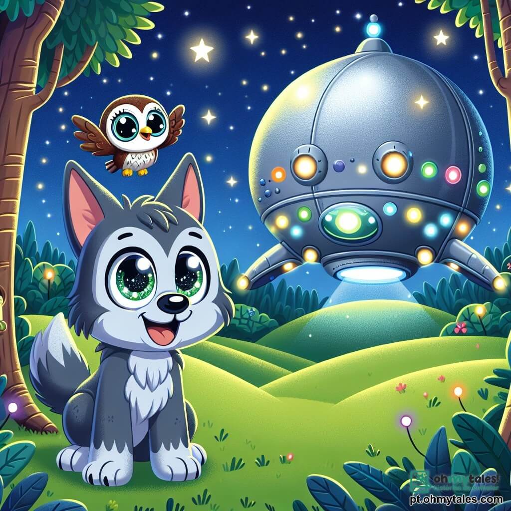 Luno, um pequeno lobo de pelos cinzentos e olhos brilhantes de curiosidade, está em pé em uma colina verdejante, olhando maravilhado para uma magnífica nave espacial prateada que brilha sob as estrelas. Ele exibe um grande sorriso, suas orelhas em pé traindo sua excitação. Ao seu lado, Olívia, uma coruja de penas marrons e grandes olhos redondos, voa levemente acima dele, seu rosto expressando alegria e admiração, pronta para explorar este mundo intergaláctico. A cena ocorre em uma clareira mágica, cercada por árvores de troncos grossos e folhas cintilantes, iluminada pela suave luz das estrelas e das vagalumes dançantes. A nave espacial, adornada com luzes coloridas, está posicionada no centro, emitindo sons suaves e acolhedores. Luno e Olívia, fascinados, se preparam para entrar na nave e encontrar os Zorbits, criaturas extraterrestres de peles azuis e grandes olhos redondos, que os aguardam dentro, prontos para compartilhar suas histórias e aventuras.