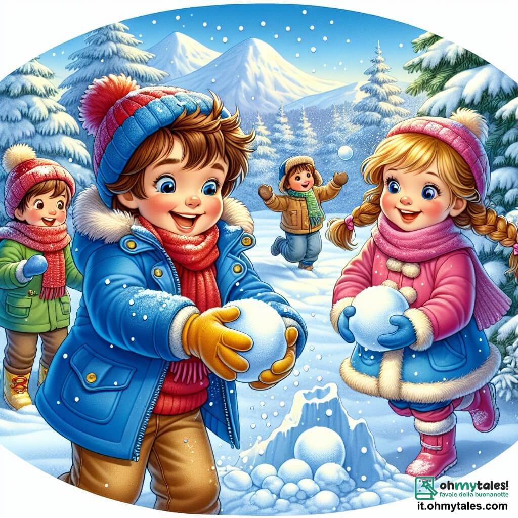 Un bambino di 3 anni, di nome Luca, con capelli castani disordinati e guance rosa, ride felicemente nella neve. Indossa un cappotto blu brillante, un berretto rosso e guanti gialli, mentre lancia una palla di neve in aria, il suo viso illuminato da un grande sorriso di eccitazione. Accanto a lui, una bambina di 4 anni, Sofia, con lunghi capelli biondi intrecciati e un cappotto rosa, osserva con meraviglia i fiocchi di neve che cadono intorno a loro. Tiene una palla di neve tra le mani, pronta a giocare. Un po' più in là, Marco, un ragazzo di 5 anni con capelli castani e una sciarpa verde, costruisce un castello di neve, concentrato sul suo lavoro mentre ride con i suoi amici. La scena si svolge in un magnifico paesaggio invernale, dove alberi maestosi sono coperti di neve scintillante e il terreno è ricoperto da uno spesso strato di neve immacolata. Il cielo è azzurro chiaro, punteggiato di nuvole bianche e soffici, creando un'atmosfera magica. Luca, Sofia e Marco si divertono insieme, lanciando palle di neve e ridendo, catturando lo spirito gioioso dell'inverno e dell'amicizia in questo momento incantevole.