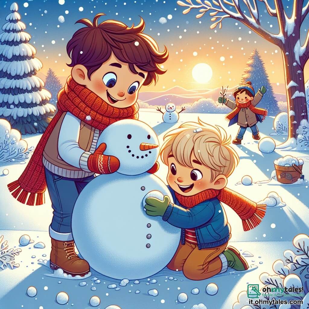 Due ragazzi, Marco e Luca, sono al centro della scena. Marco, di 7 anni, ha i capelli castani disordinati e indossa una grande sciarpa rossa. Sta rotolando una palla di neve per creare il corpo di un grande pupazzo di neve. Accanto a lui, Luca, anch'egli di 7 anni, ha i capelli biondi e indossa una giacca blu con guanti verdi. Ride mentre lancia una palla di neve verso Marco, con le braccia alzate.

Lo sfondo è un paesaggio invernale incantevole. La neve copre il terreno come un morbido tappeto bianco, e fiocchi cadono dolcemente dal cielo blu. Alberi con rami carichi di neve si ergono sullo sfondo, mentre un sole dorato inizia a tramontare, tingendo il cielo di sfumature rosa e arancioni.

La scena principale mostra Marco e Luca impegnati a costruire il loro pupazzo di neve, con sorrisi brillanti sui volti. Sono circondati da neve scintillante, e l'atmosfera è piena di risate e magia invernale.