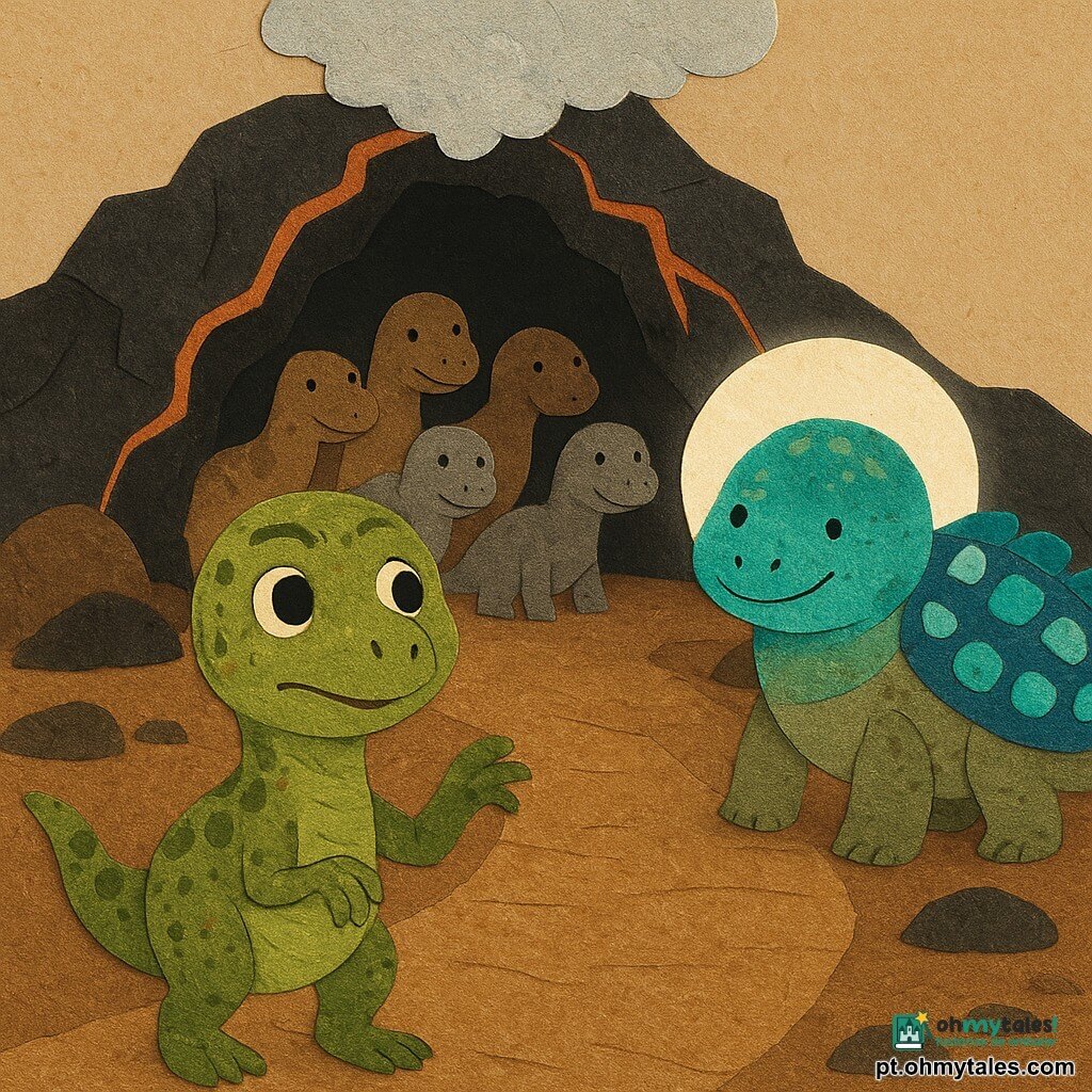 Um pequeno velociraptor chamado Risco, expressivo e corajoso, rosto redondo e olhos grandes e luminosos, pele escamosa verde-oliva com manchas ocre, postura orgulhosa porém levemente tremula, levantando uma pata para acalmar e olhando à frente; um anquilossauro chamado Lume, corpo robusto com placas dorsais luminescentes azul-esverdeadas e sorriso suave, está logo atrás iluminando o caminho com um halo em papel recortado; vários membros do rebanho (adultos e filhotes) com silhuetas arredondadas e amigáveis, padrões em tons de marrom e cinza, sentados ou se erguendo, reunidos atrás de Risco na colina; cenário é a entrada de um vulcão em papel: rochas pretas recortadas, fissuras alaranjadas coladas, vapor branco em algodão e uma larga passarela de pedra marrom texturada; a cena mostra Risco guiando seu rebanho para fora do túnel do vulcão, a luz de Lume cria sombras suaves, expressões de alívio e coragem, composição colorida com texturas de papel sobrepostas, contornos nítidos e contrastes vivos.