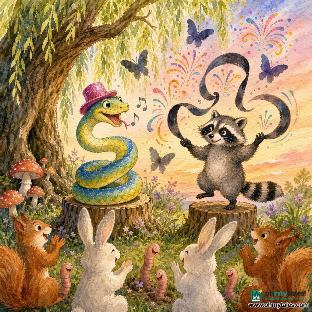 A cheerful, mischievous snake named Sid with pistachio, lemon and sky-blue scales wears a small pink glittery hat and grins with its tongue out while singing a rhyme as it coils on a stump; beside it, a focused-yet-amused raccoon named Shadow with a black mask and gray-brown fur stands on another stump juggling three ribbonlike shadows; a small audience of red squirrels, white rabbits and smiling earthworms sits in a semicircle laughing and clapping in the foreground beneath a large willow with twisted roots, red-and-white mushrooms and speckled grass under a rosy dusk light, while imaginary fireworks and shadow butterflies burst above them.