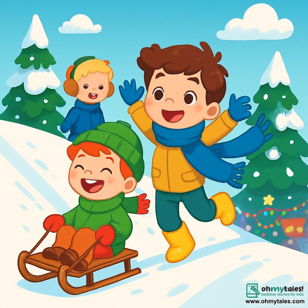 There are 3 characters: Max, a 5-year-old boy with red hair, wearing a green hat and red mittens, sitting on a sled and laughing out loud; Leo, a 5-year-old boy with brown hair, wearing a blue scarf and shiny yellow boots, standing next to Max with his arms raised and a big smile; and Sam, a 5-year-old boy with blonde hair, wearing furry headphones and a blue coat, slightly behind them, encouraging them with a warm smile. The setting is a large snowy hill surrounded by snow-covered fir trees, with a clear blue sky dotted with fluffy white clouds. At the bottom of the hill, colorful lights and festive decorations signal the New Year celebration. The main scene shows the three friends having fun sledding, laughing, and cheering each other on, ready to celebrate the New Year with joy and camaraderie.