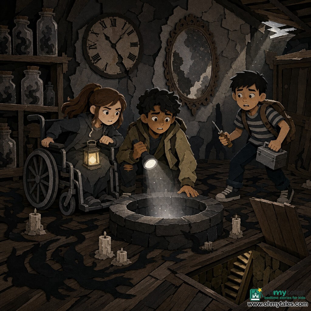 Three children in a decrepit interior at the end of an alley: a 13-year-old boy with wavy black hair, caramel skin, wearing a khaki jacket and holding a flashlight in his right hand, crouched center near a dark stone well, looking anxiously at a rising gray light; a 12-year-old white girl with brown hair in a ponytail in a modern gray wheelchair to the left behind him, gripping the chair back, determined, a small light on her lap; a 13-year-old Asian boy with short hair, striped T-shirt and backpack to the right, standing and ready to run, holding a screwdriver and a small metal box, nervous but brave. The room has worn wooden floors, damp stone walls with soot, a stopped clock and dusty old mirror, open shelves of glass jars containing swirls of shadow, and an open wooden trapdoor leading to a narrow staircase. At the center a black stone well is surrounded by unlit candles and a faint gray halo of light and shadow shapes trying to escape; black smoke-like shadows crawl on the floor and dust is visible in the flashlight beams. Paper-cutout style: sharp silhouettes, torn edges, crumpled paper textures, limited contrasting colors (gray, black, khaki, brown), stylized ink-cut shadows.