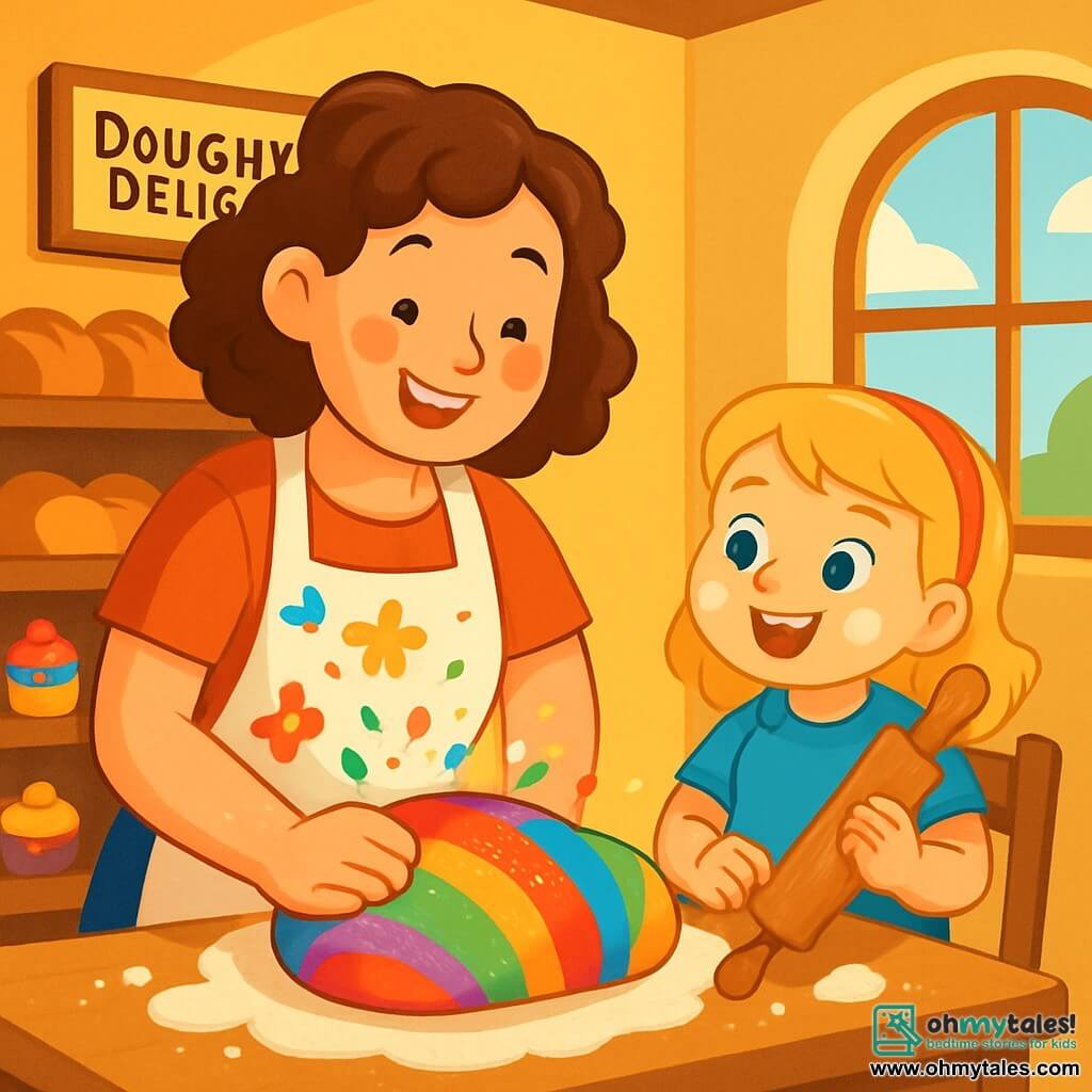 Emma, a smiling woman with curly brown hair, wearing a floral apron, is surrounded by flour, her cheeks flushed with excitement. She is shaping a beautiful, colorful dough into a bread shape, with bright color bursts emerging from it. Next to her, Lily, a 6-year-old girl with blonde hair and sparkling eyes, watches in awe, holding a wooden rolling pin. She stands on a small chair to see better, her hands covered in flour, and a big smile on her face. The setting is Emma's bakery, The Doughy Delight, with warm yellow walls, shelves filled with golden breads and colorful pastries, and a large window letting in sunlight, illuminating the scene. The main focus shows Emma and Lily preparing a rainbow bread together, with vibrant colors mixing in the dough, creating a joyful and creative atmosphere filled with laughter and happiness.